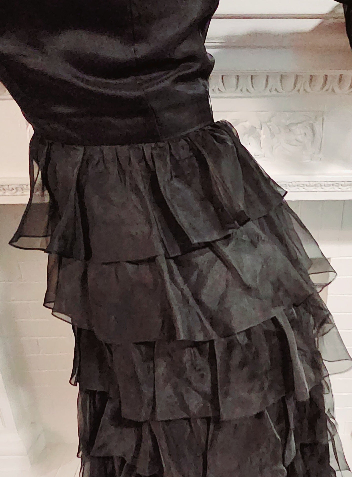 70s Black Maxi Dress in Silk Organza Rhinestone Buttons by Melinda / M