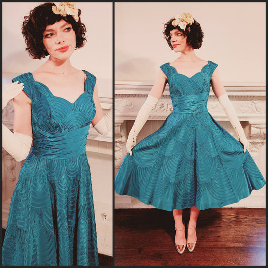 50s Aqua Blue Silk Ribbon Party Dress by Smart Miss / S