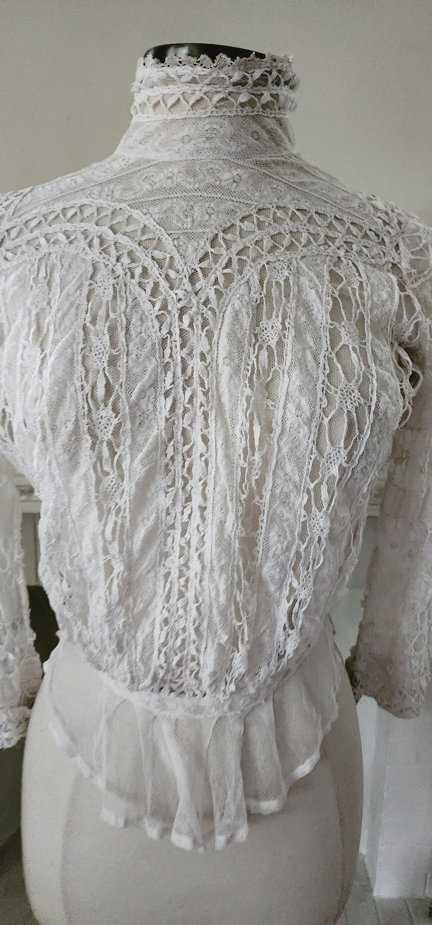 Edwardian White Blouse Crochet Lace High Neckline XS