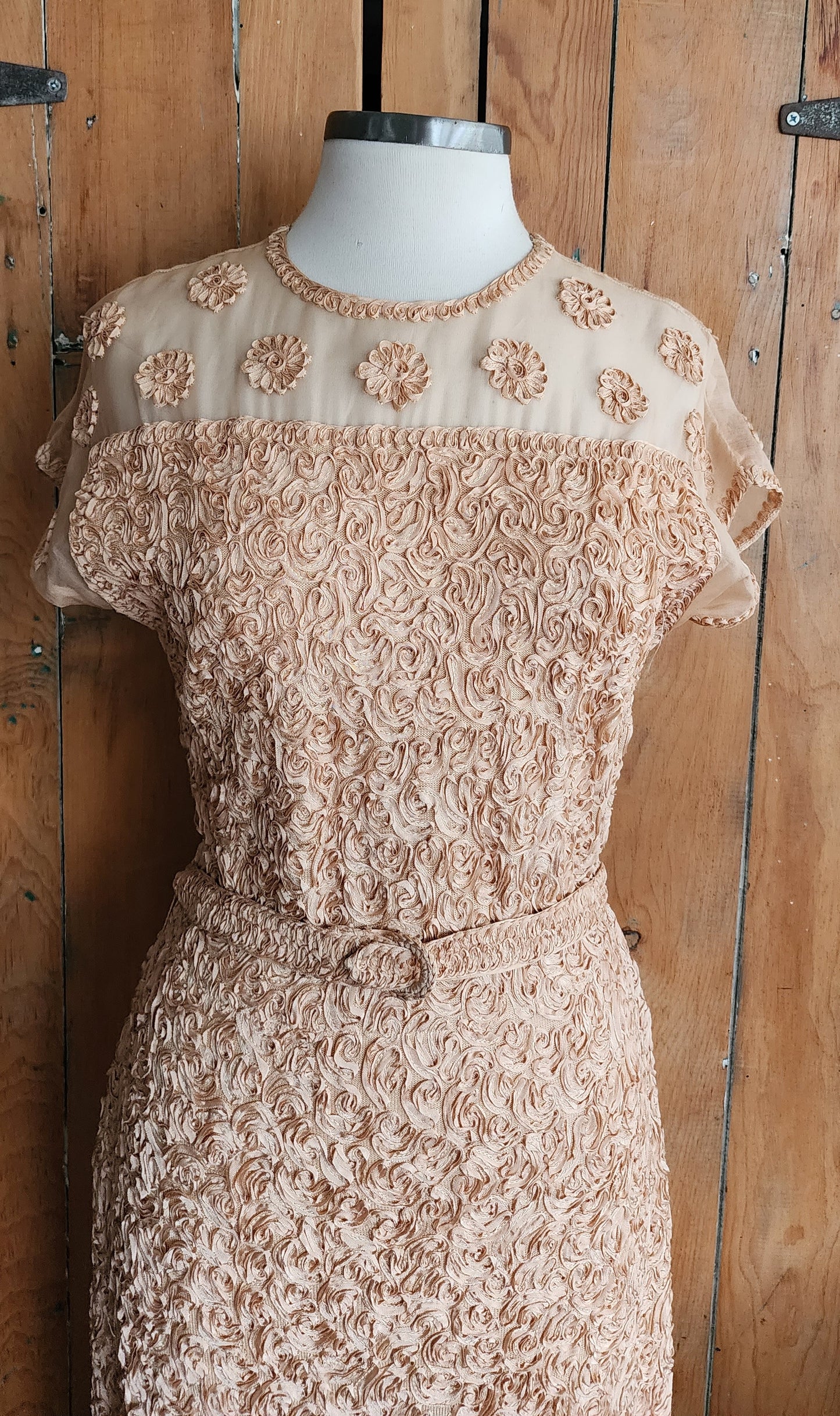 50s Peach Pink Party Dress Ribbon Lace Short Sleeves Caledonia