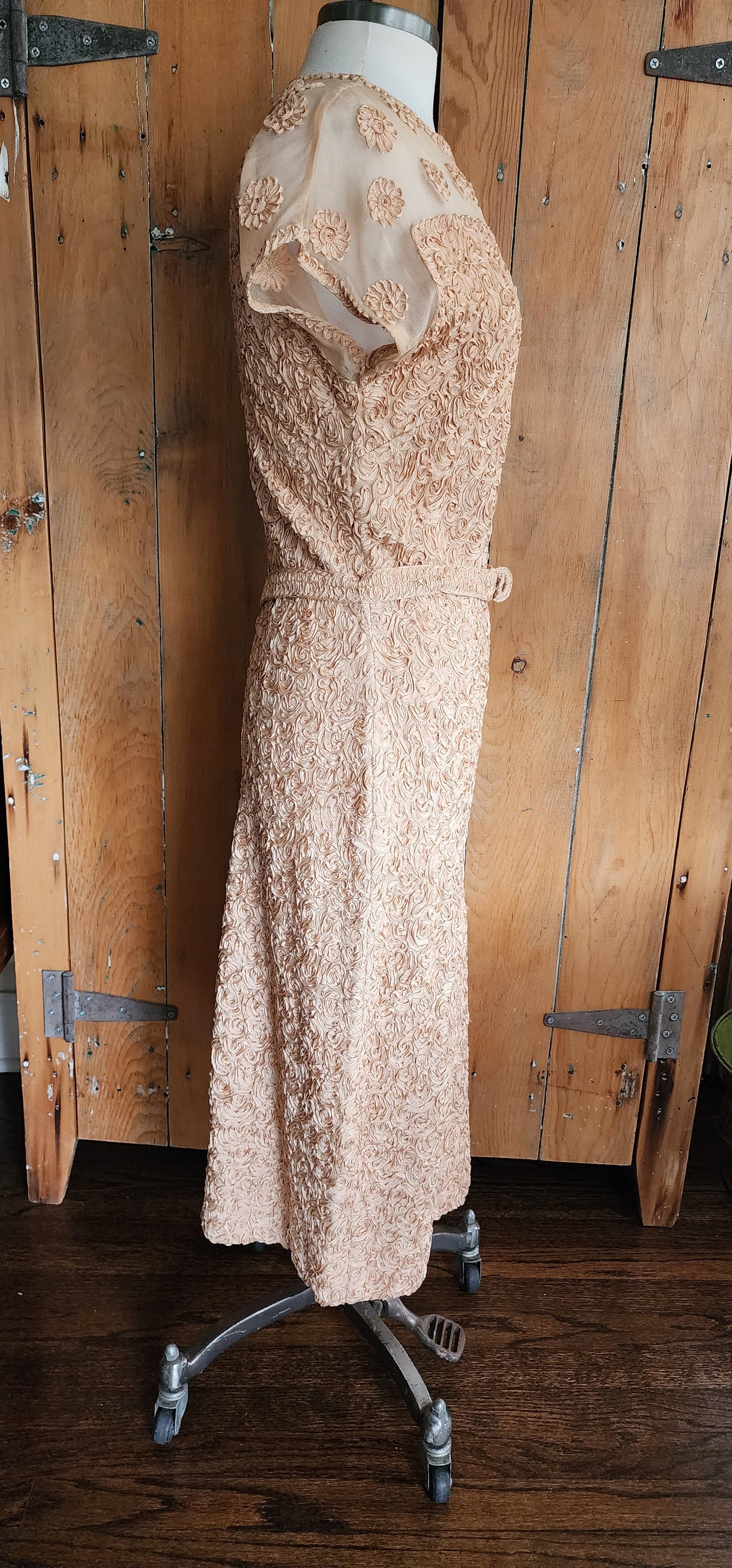 50s Peach Pink Party Dress Ribbon Lace Short Sleeves Caledonia