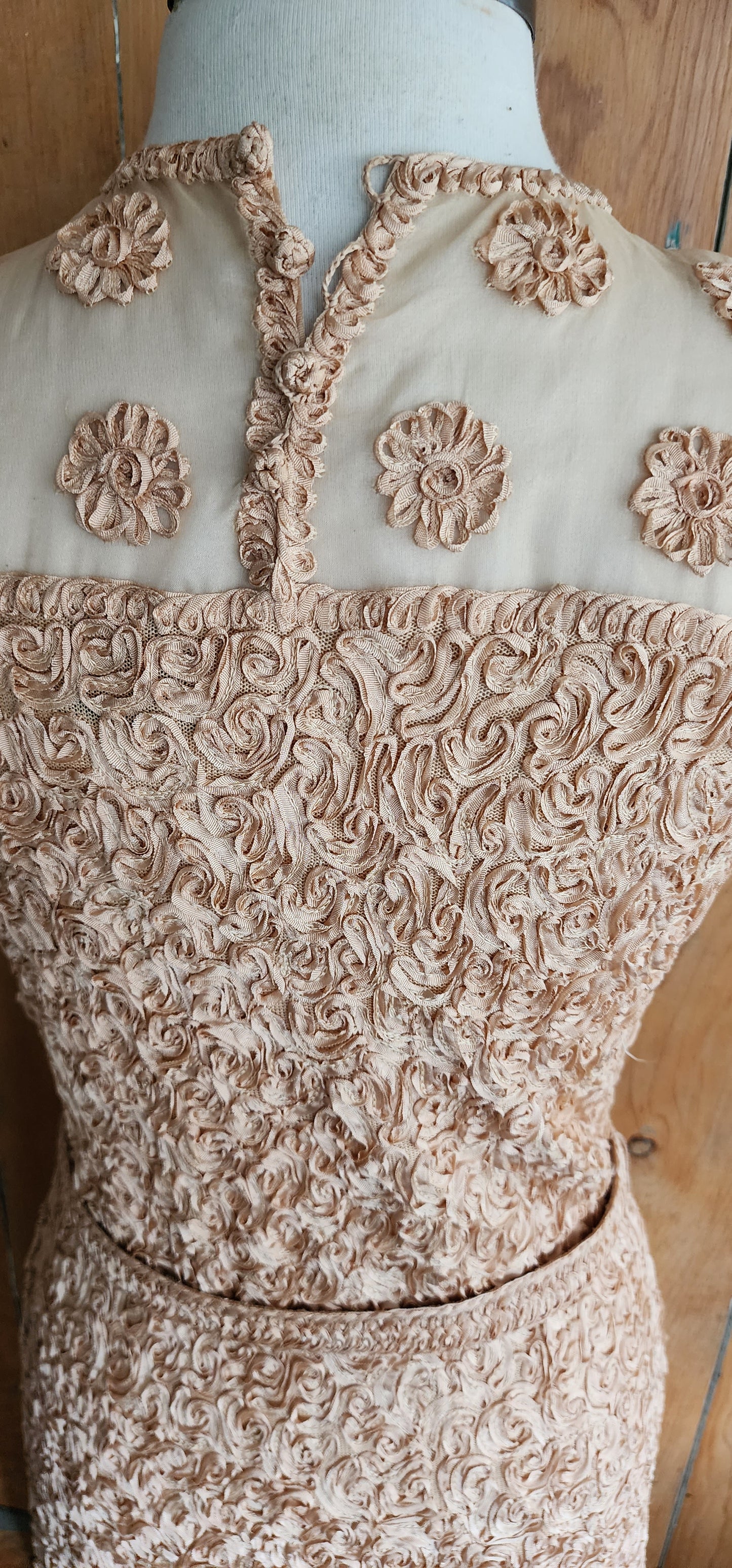 50s Peach Pink Party Dress Ribbon Lace Short Sleeves Caledonia