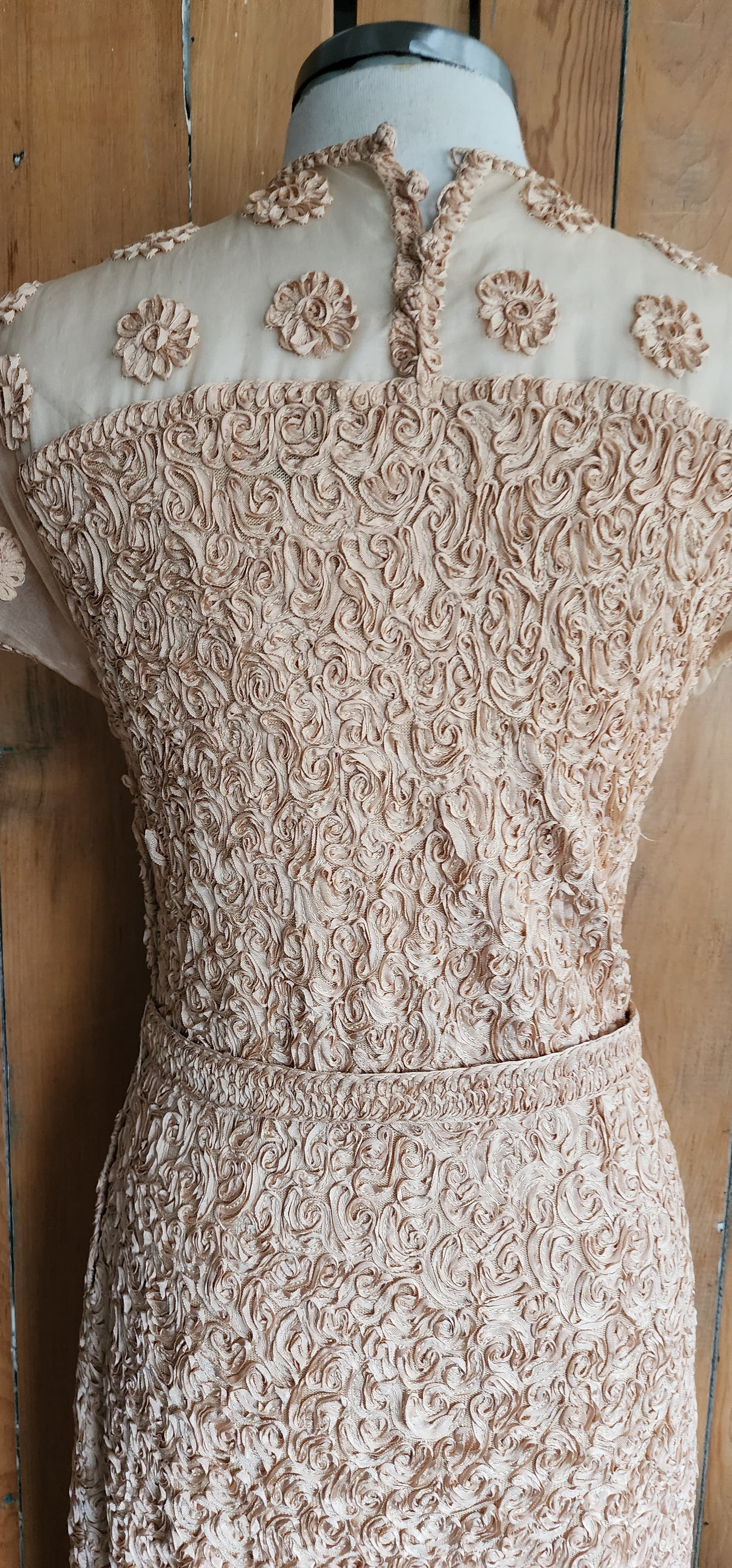 50s Peach Pink Party Dress Ribbon Lace Short Sleeves Caledonia