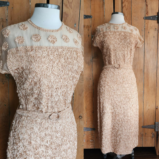 50s Peach Pink Party Dress Ribbon Lace Short Sleeves Caledonia