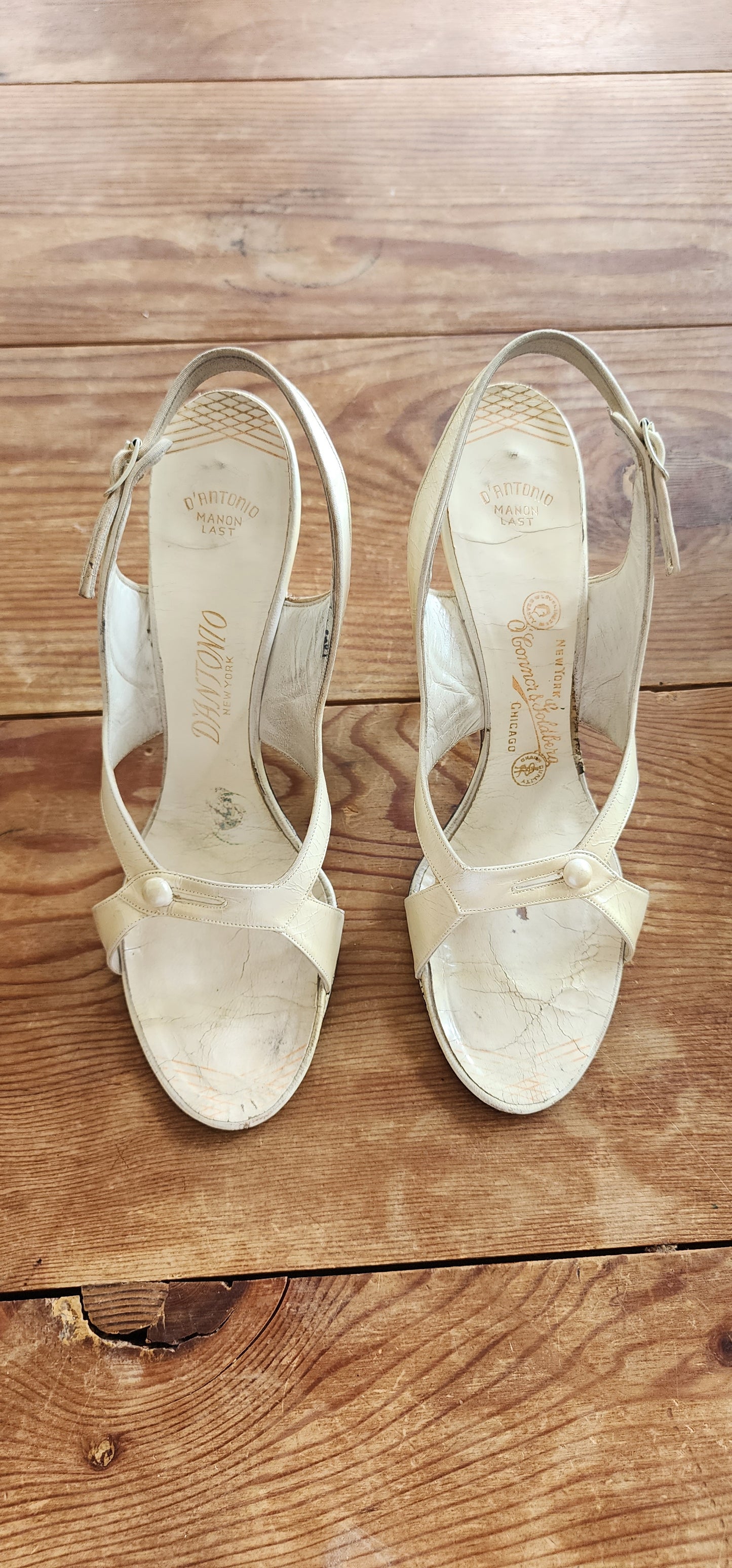 50s White Leather Party Shoes Heels Slingbacks O'Connor Goldberg Size 8