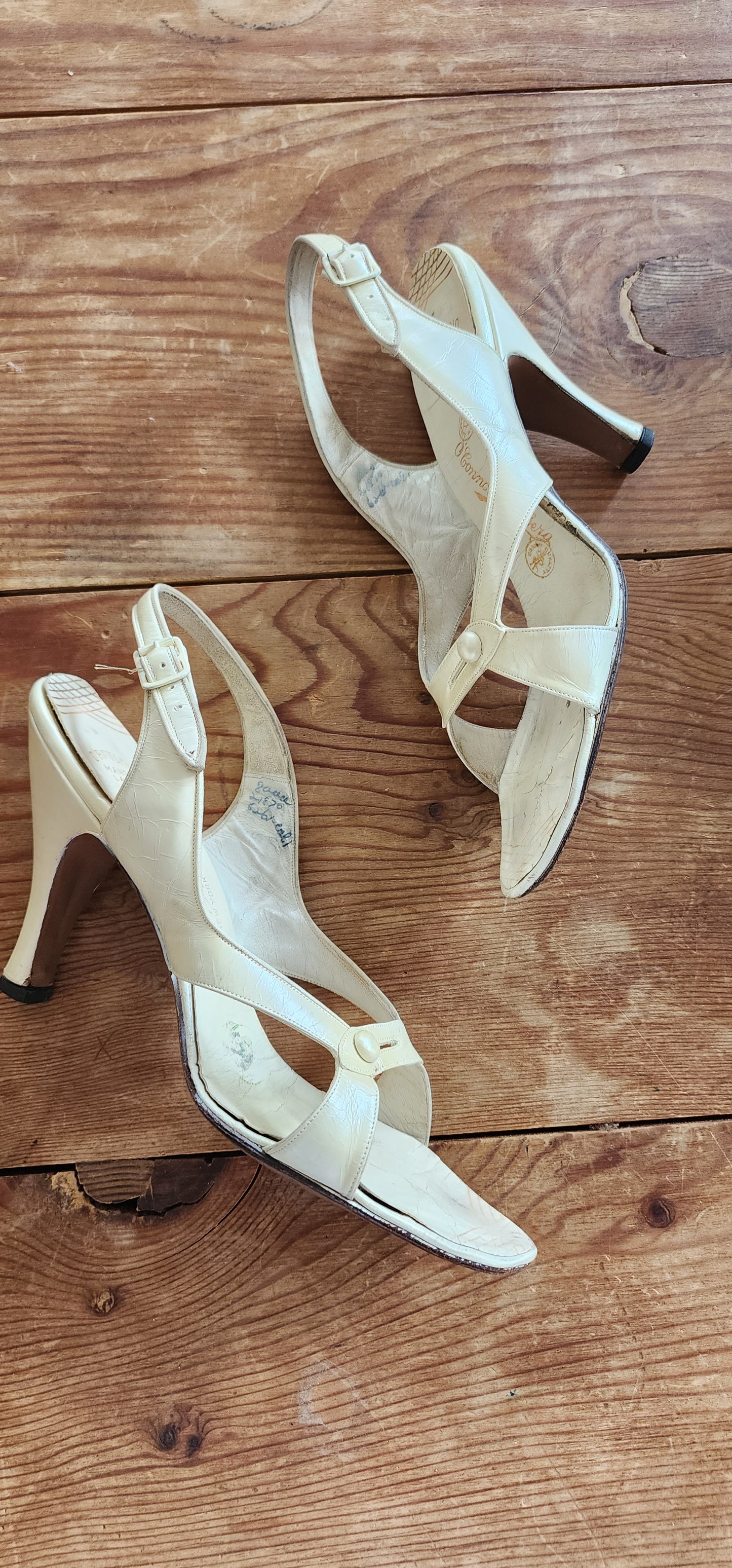 50s White Leather Party Shoes Heels Slingbacks O'Connor Goldberg Size 8