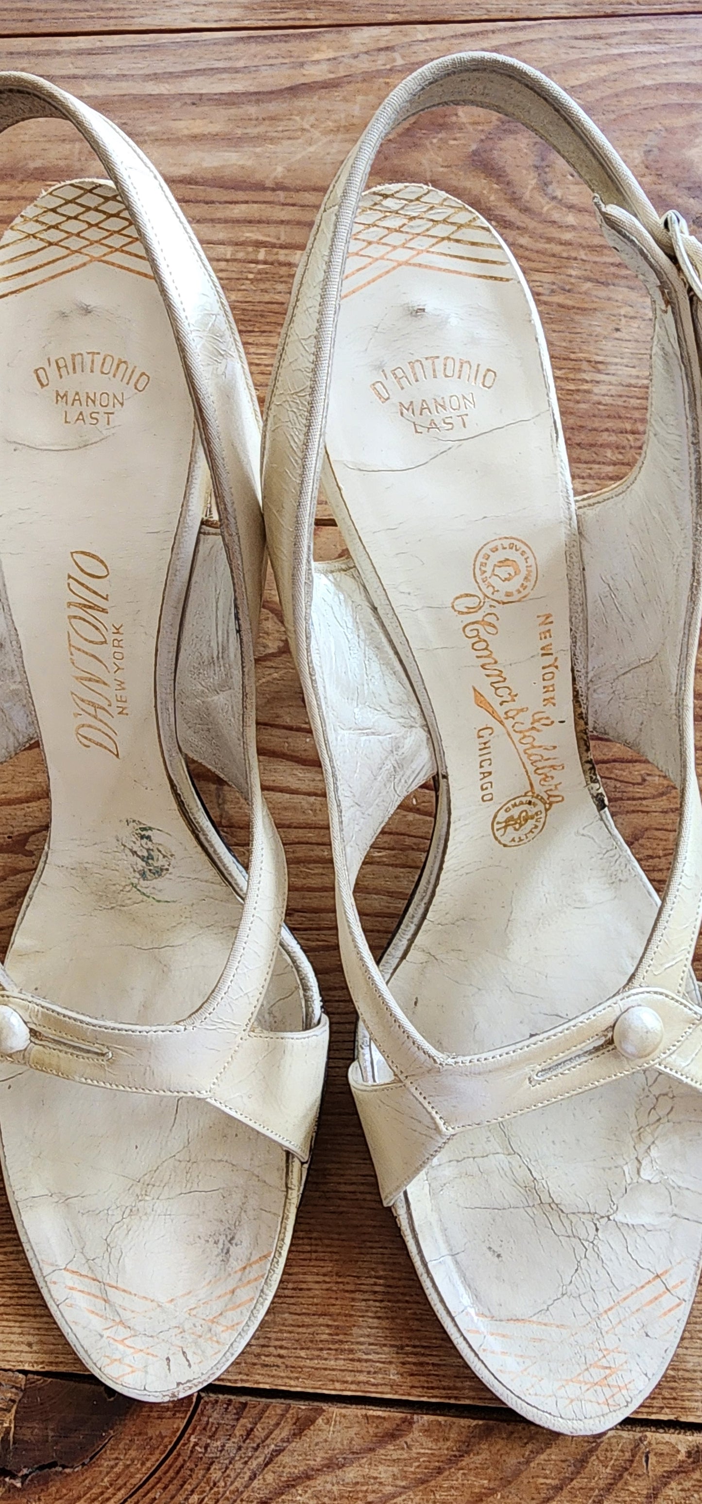 50s White Leather Party Shoes Heels Slingbacks O'Connor Goldberg Size 8