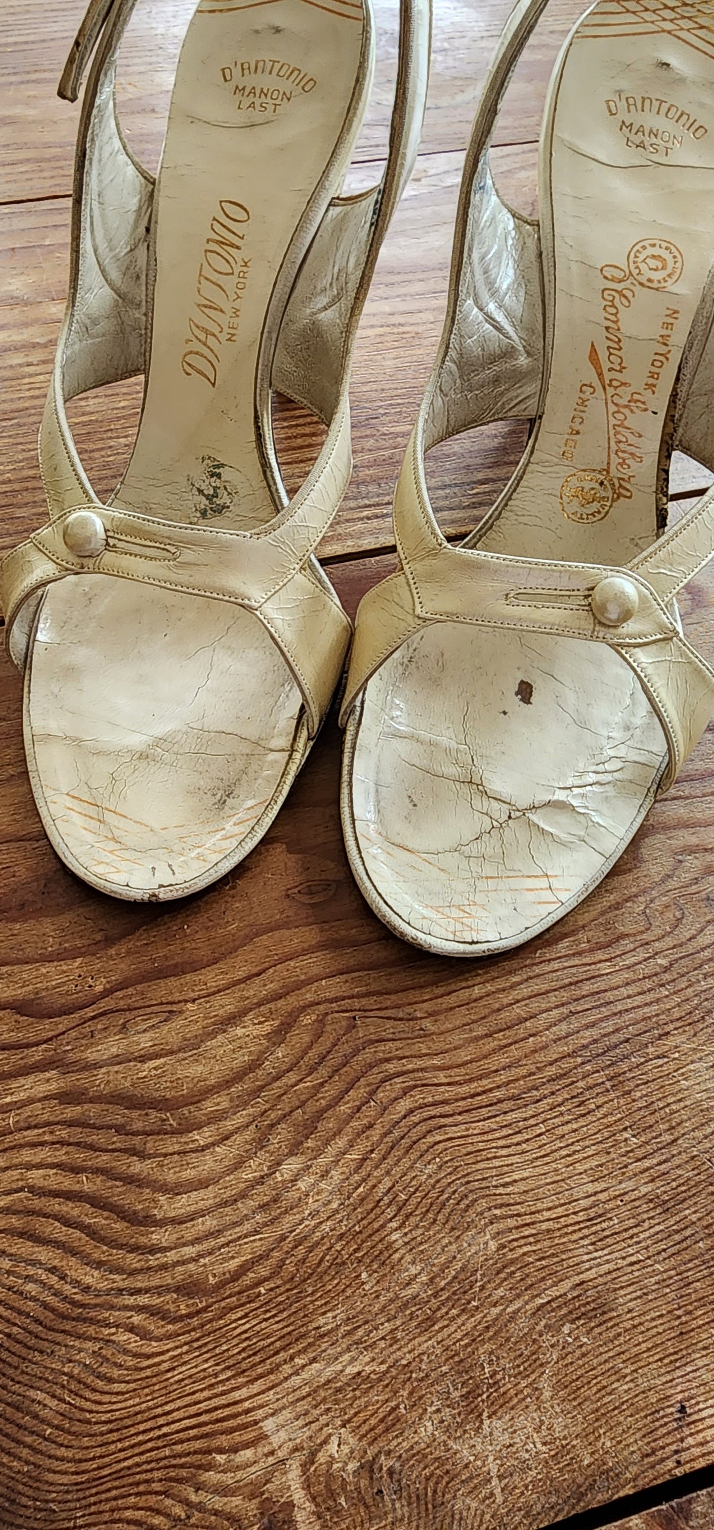 50s White Leather Party Shoes Heels Slingbacks O'Connor Goldberg Size 8