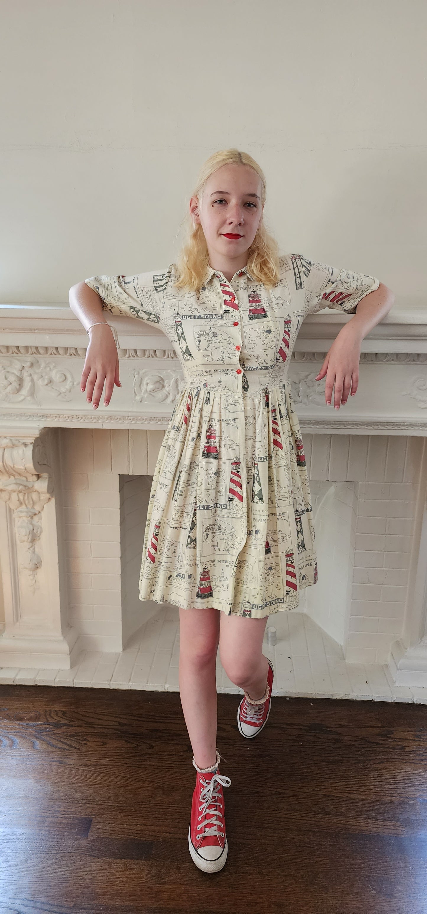 50s Shirtdress Novelty Print Seaside Coast Maine Lighthouses / S