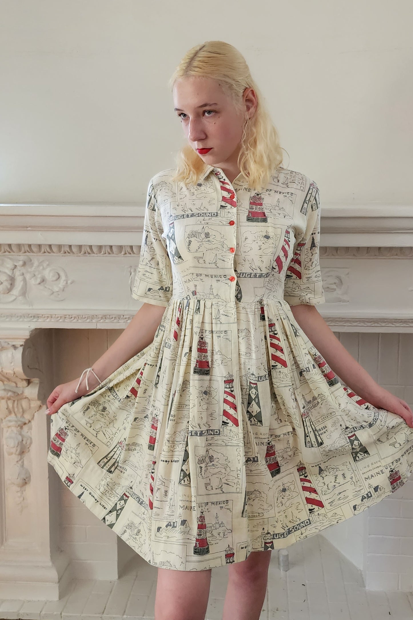 50s Shirtdress Novelty Print Seaside Coast Maine Lighthouses / S