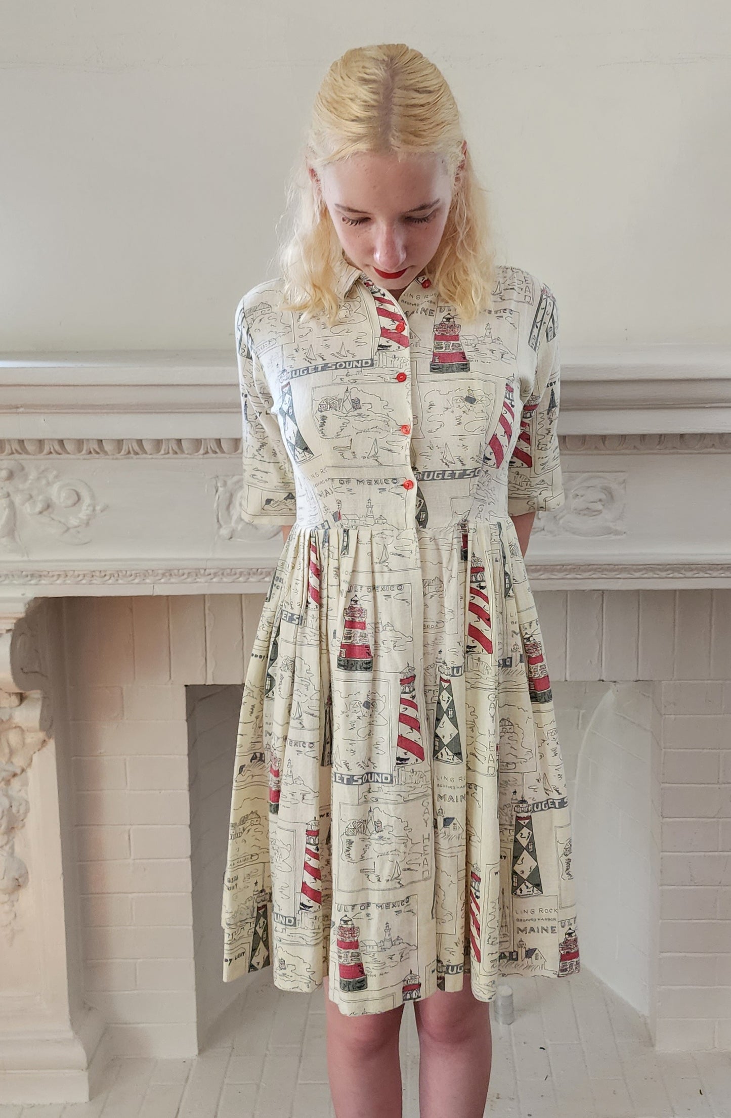 50s Shirtdress Novelty Print Seaside Coast Maine Lighthouses / S