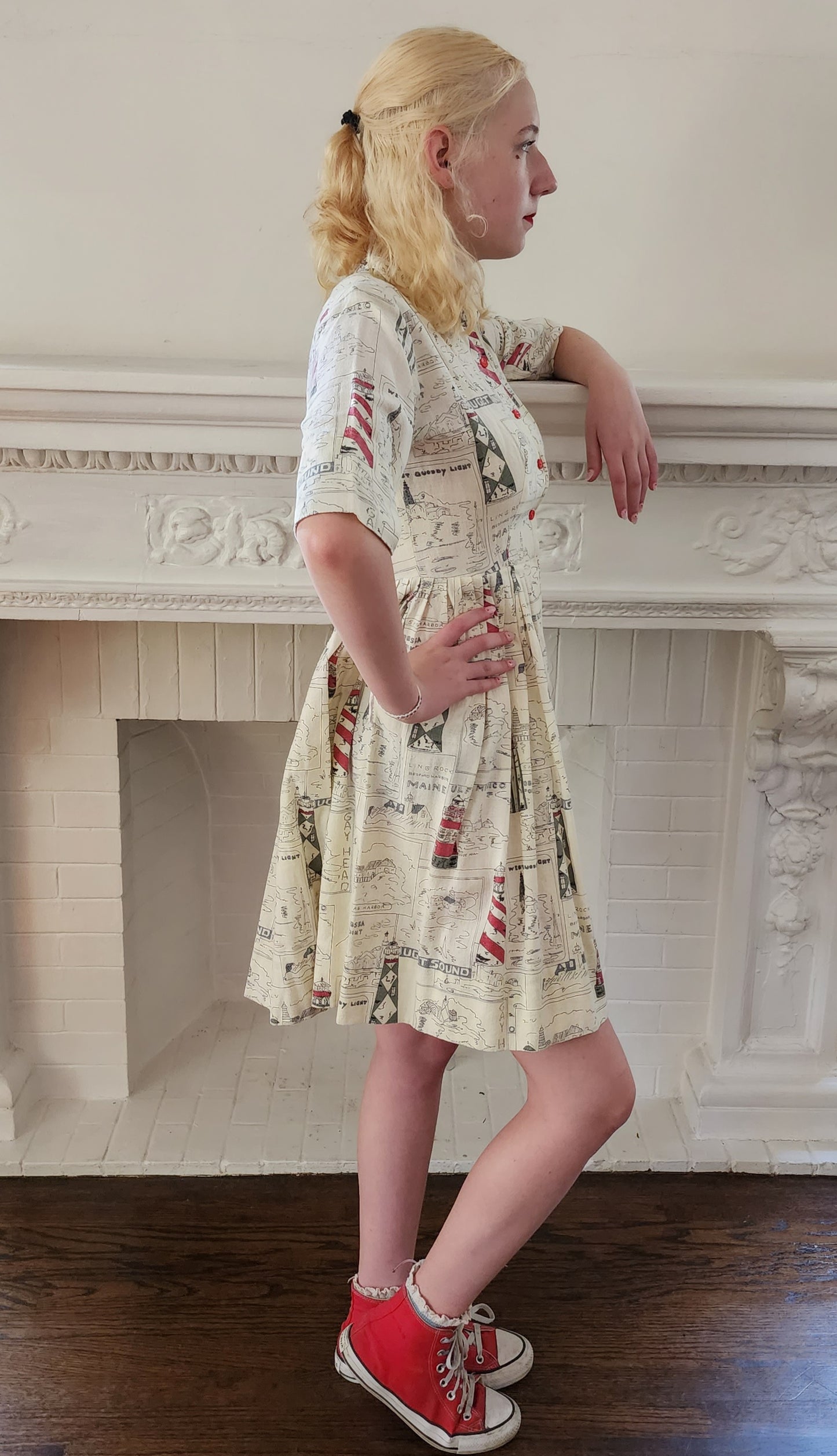 50s Shirtdress Novelty Print Seaside Coast Maine Lighthouses / S