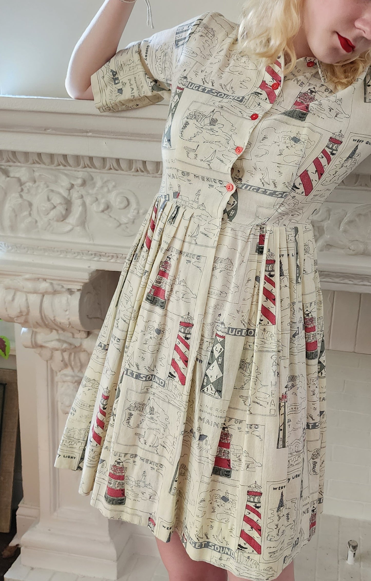 50s Shirtdress Novelty Print Seaside Coast Maine Lighthouses / S