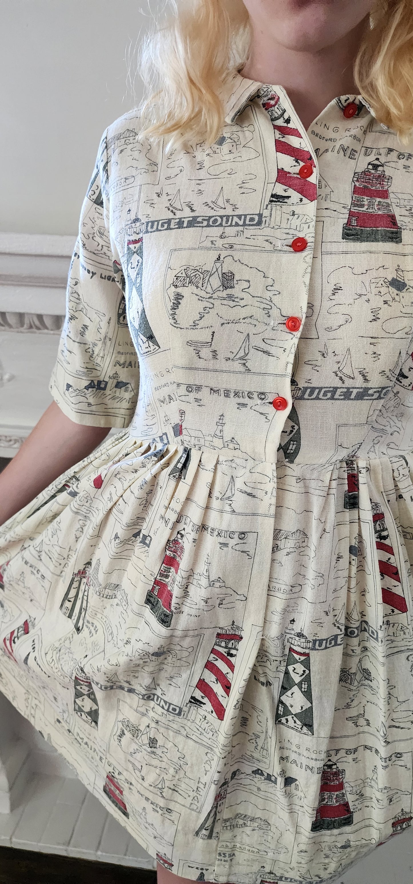 50s Shirtdress Novelty Print Seaside Coast Maine Lighthouses / S