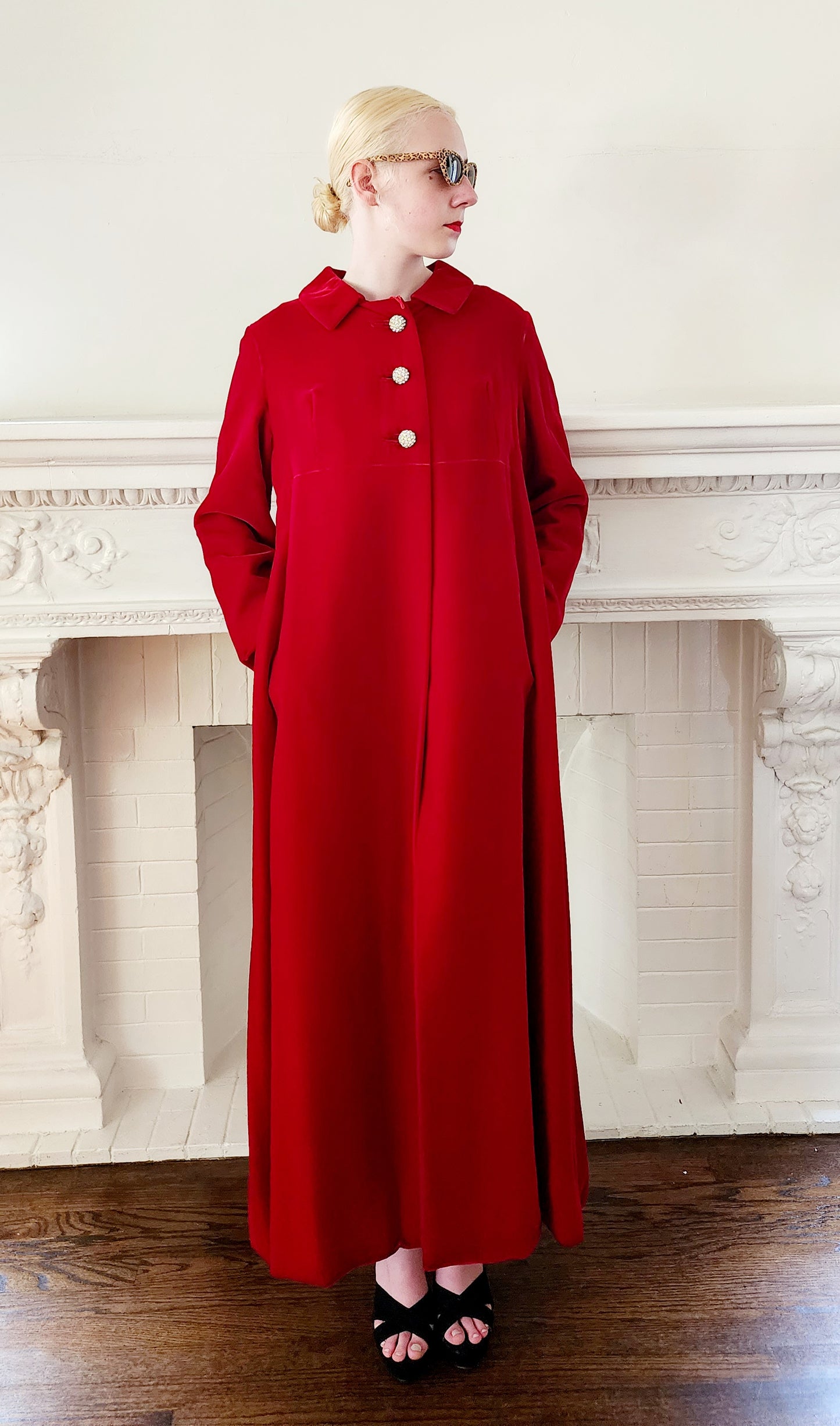 60s Red Velvet Evening Coat Rhinestone Buttons Bramson