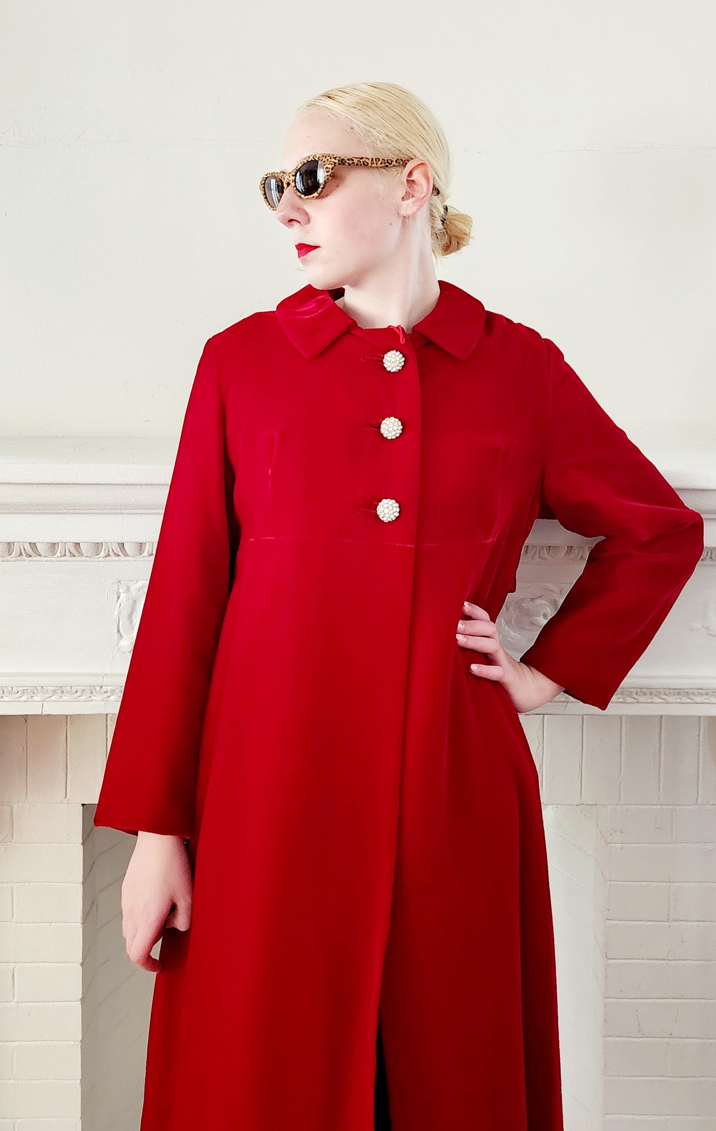 60s Red Velvet Evening Coat Rhinestone Buttons Bramson
