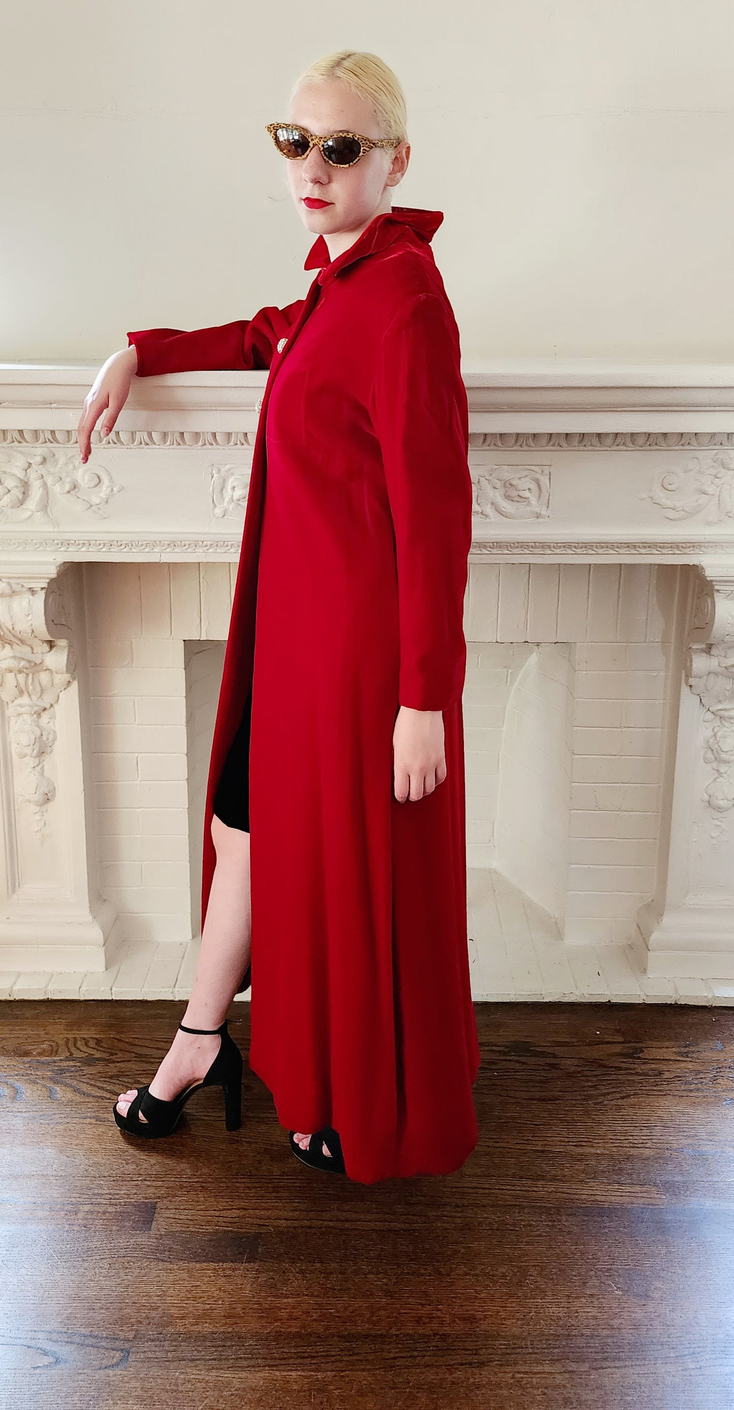 60s Red Velvet Evening Coat Rhinestone Buttons Bramson