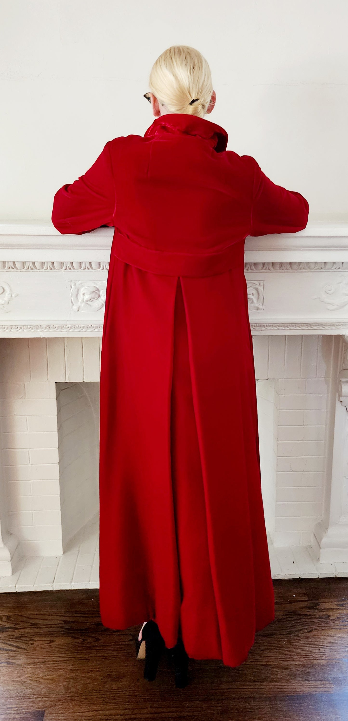 60s Red Velvet Evening Coat Rhinestone Buttons Bramson