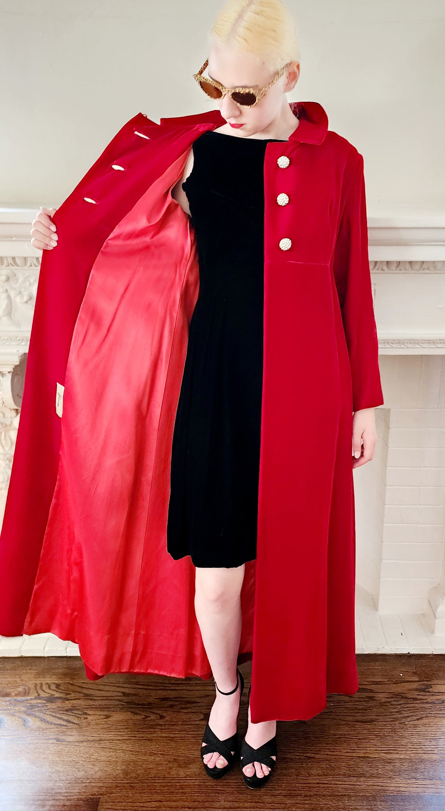 60s Red Velvet Evening Coat Rhinestone Buttons Bramson