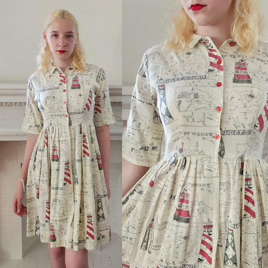 50s Shirtdress Novelty Print Seaside Coast Maine Lighthouses / S