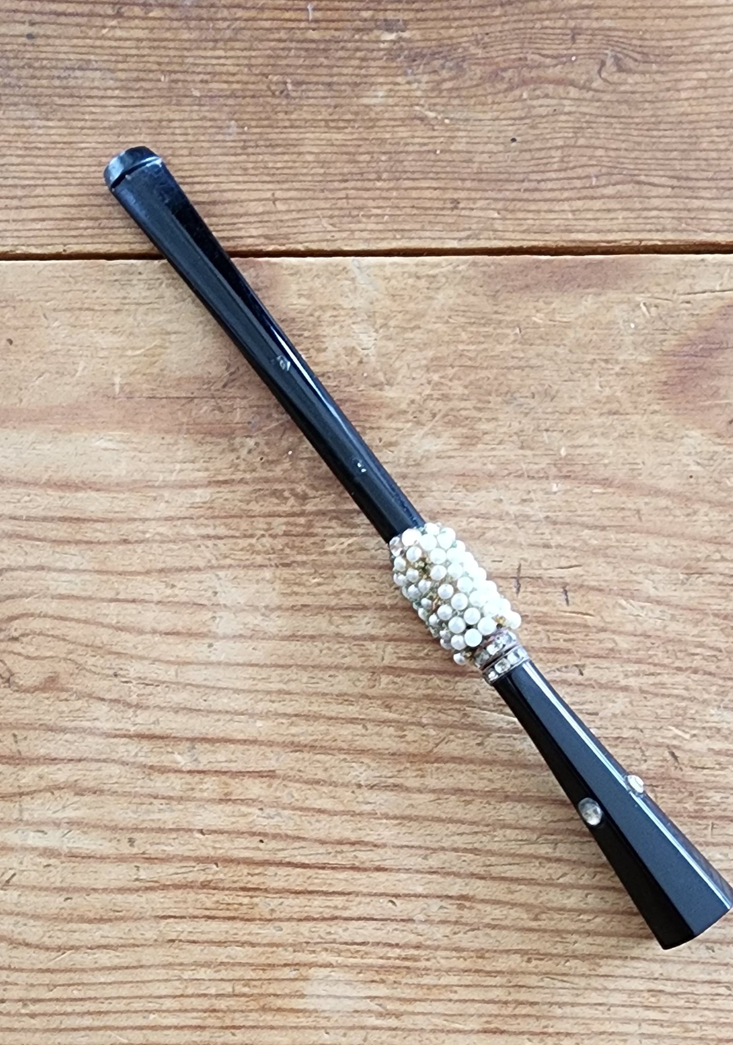 50s Black Cigarette Holder w/Rhinestones & Pearl Bead Austria