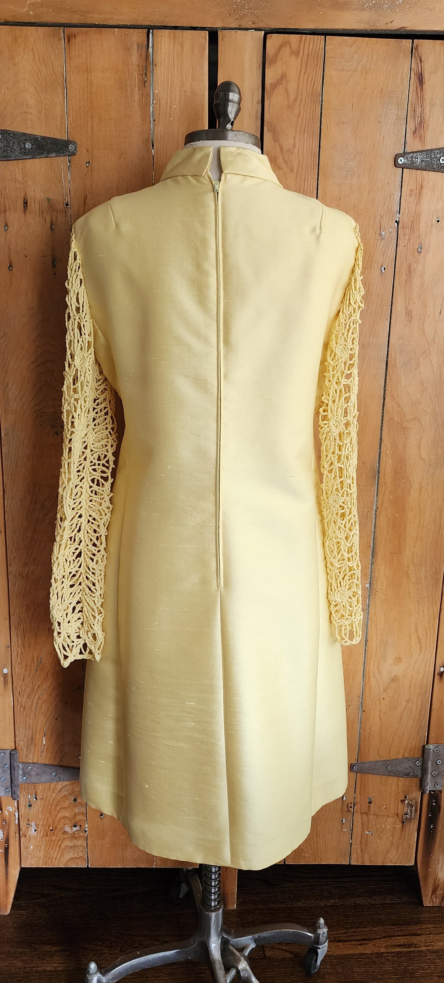 60s Yellow Silk Dress Crocheted Long Sleeves L