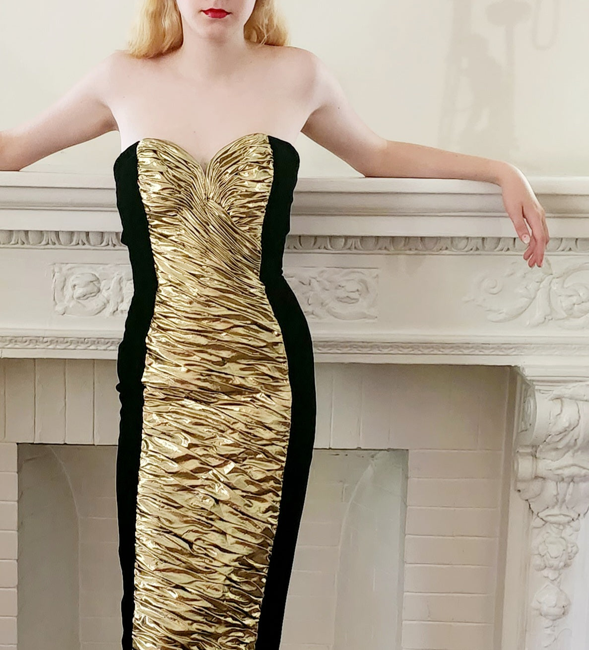 80s Black Velvet Strapless Dress Gold Ruched Front Vicky Tiel
