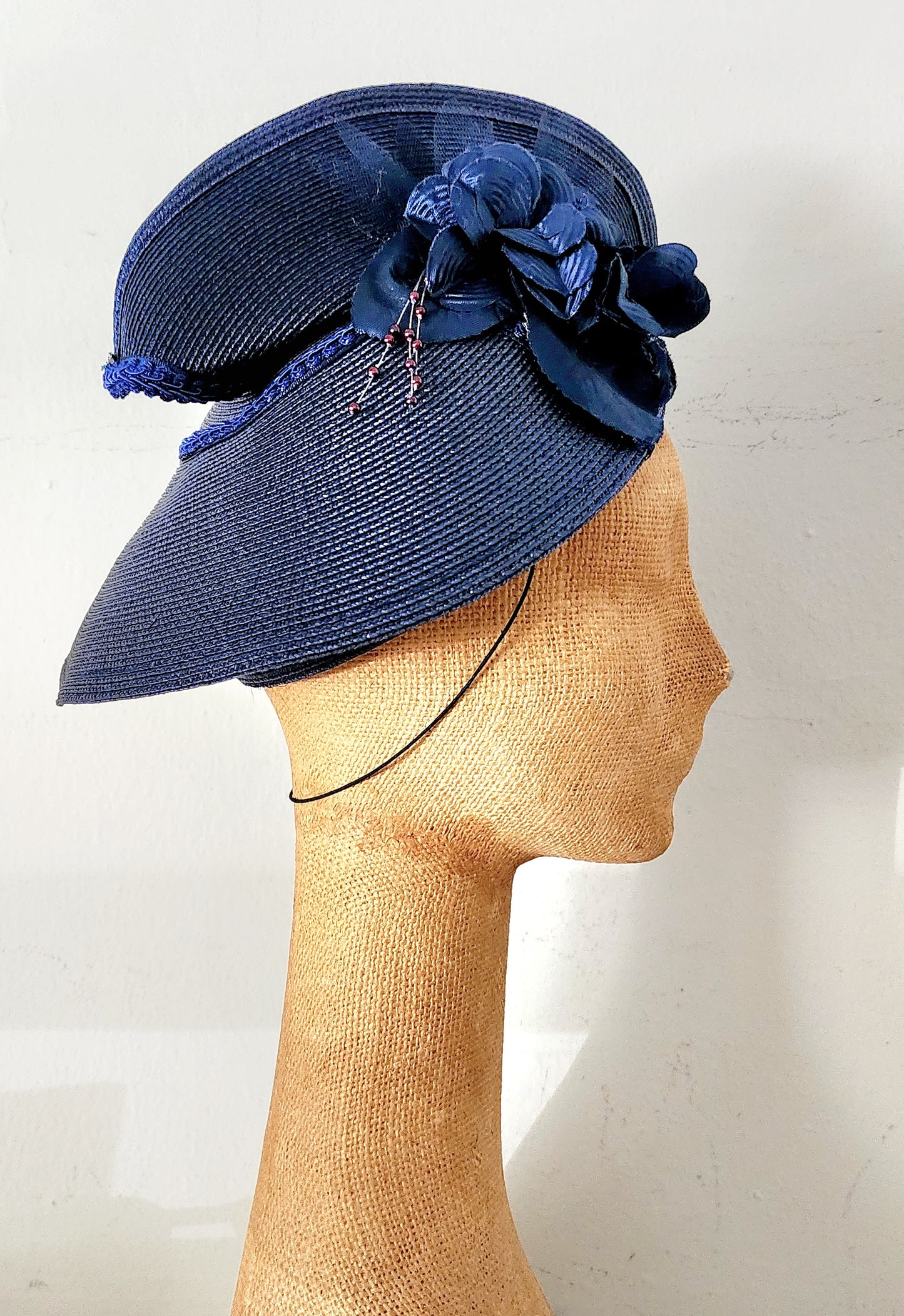 80s Does 30s Navy Blue Straw Hat Asymmetrical Modernist