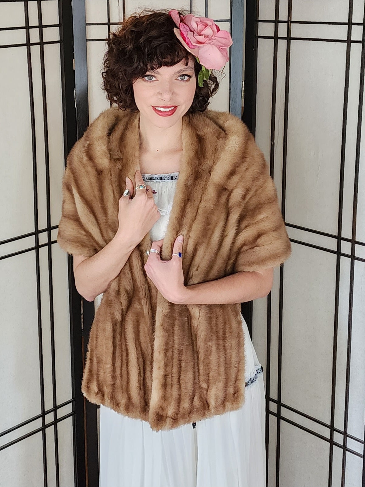 50s Mink Fur Stole Caramel Brown Wrap Shawl