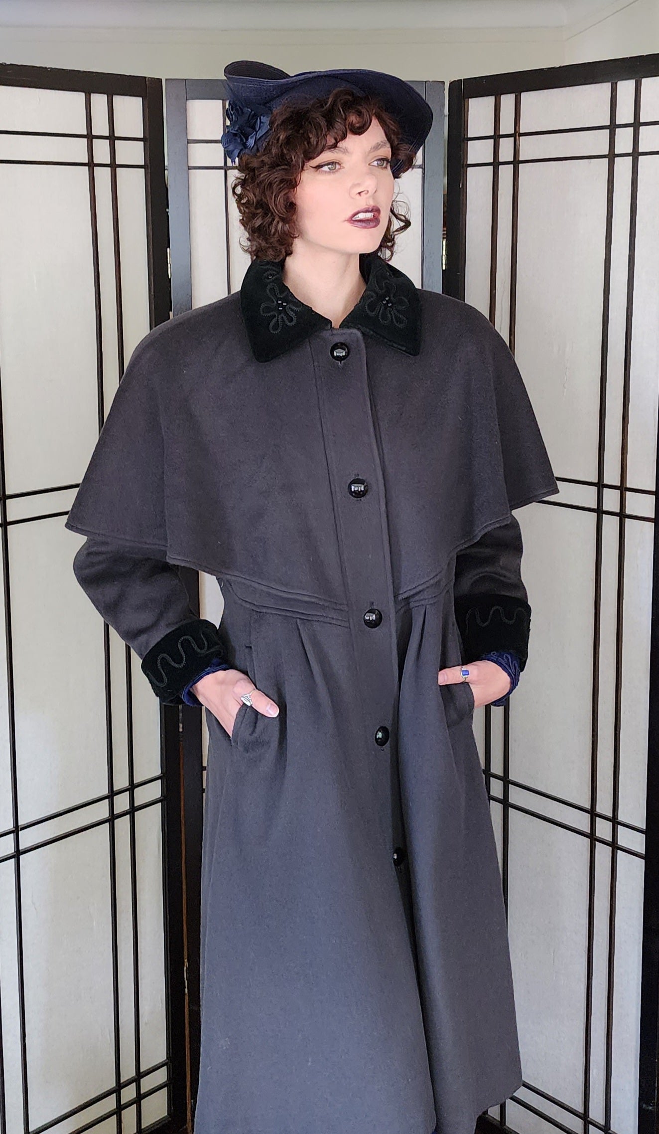 80s Gray Wool Coat w/Embroidered Velvet Collar & Shoulder Panel Charles Klein