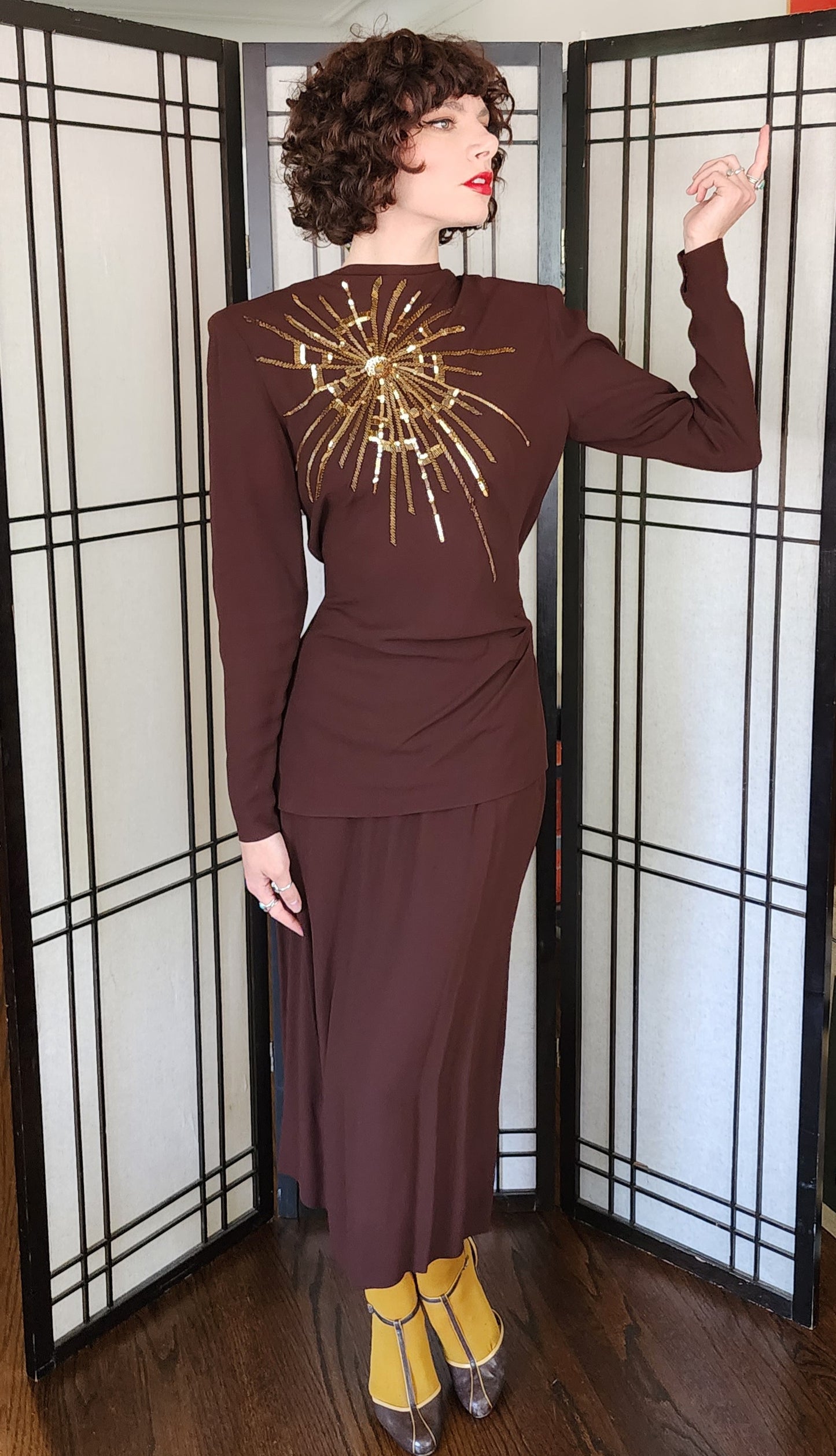 40s Skirt Suit Brown Rayon Gold Sequined Top Sunburst Star Fred A Block