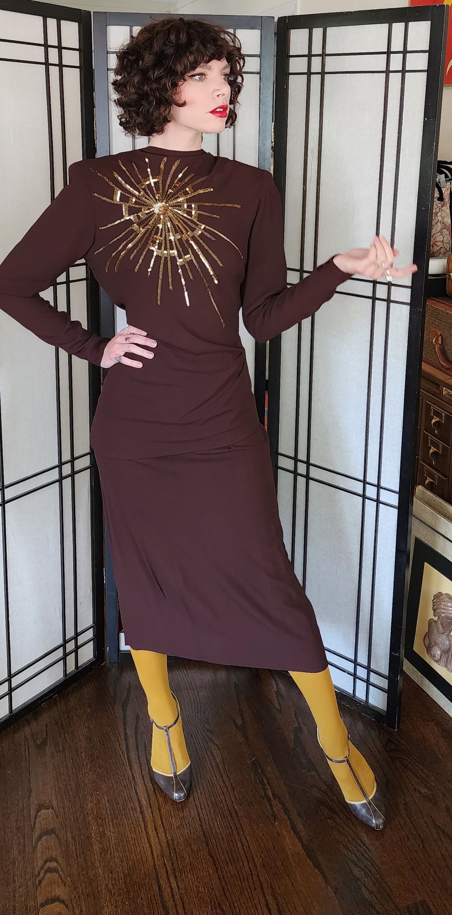 40s Skirt Suit Brown Rayon Gold Sequined Top Sunburst Star Fred A Block