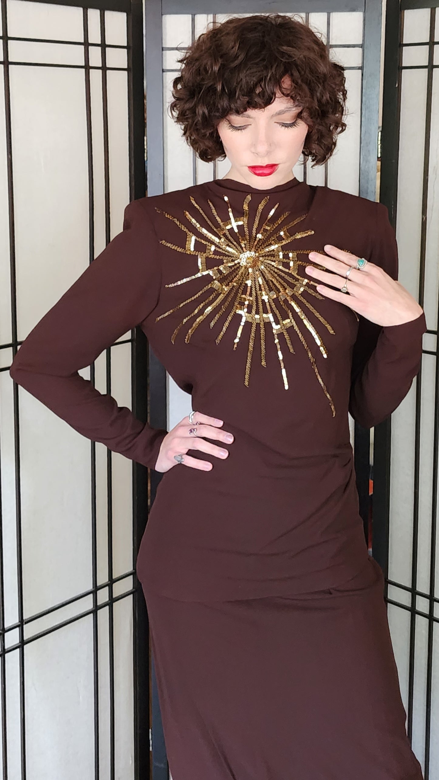 40s Skirt Suit Brown Rayon Gold Sequined Top Sunburst Star Fred A Block