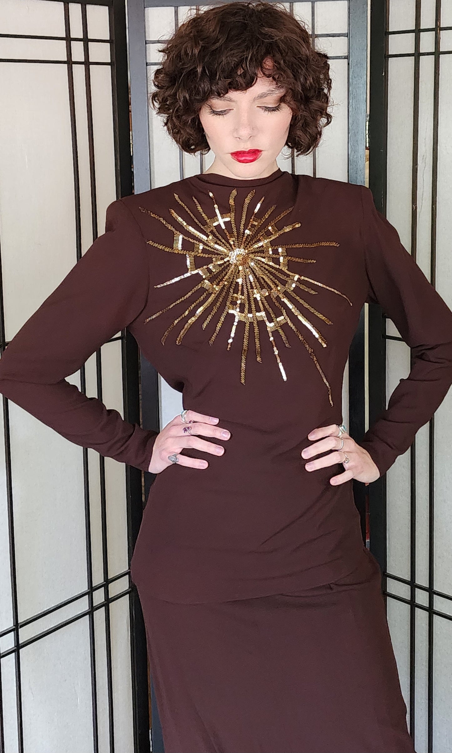 40s Skirt Suit Brown Rayon Gold Sequined Top Sunburst Star Fred A Block