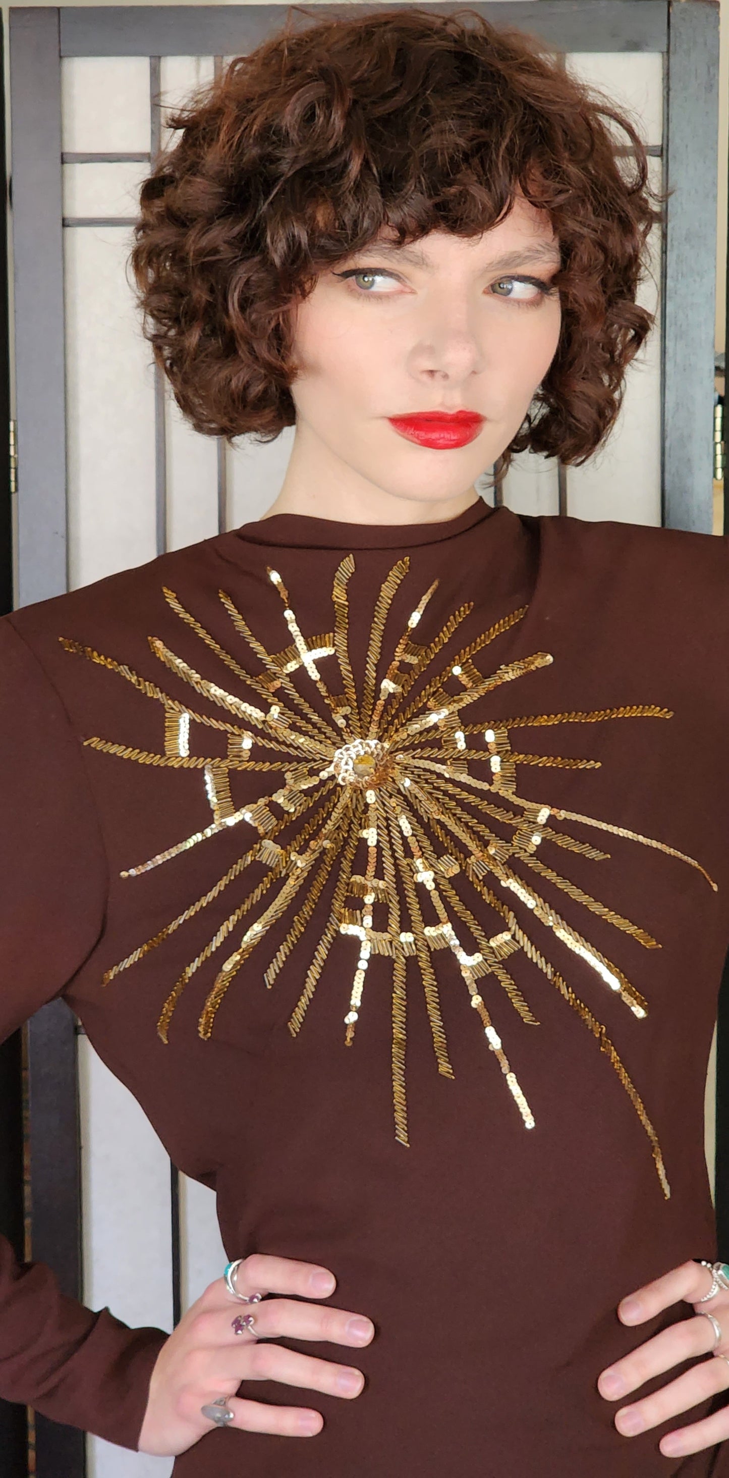 40s Skirt Suit Brown Rayon Gold Sequined Top Sunburst Star Fred A Block