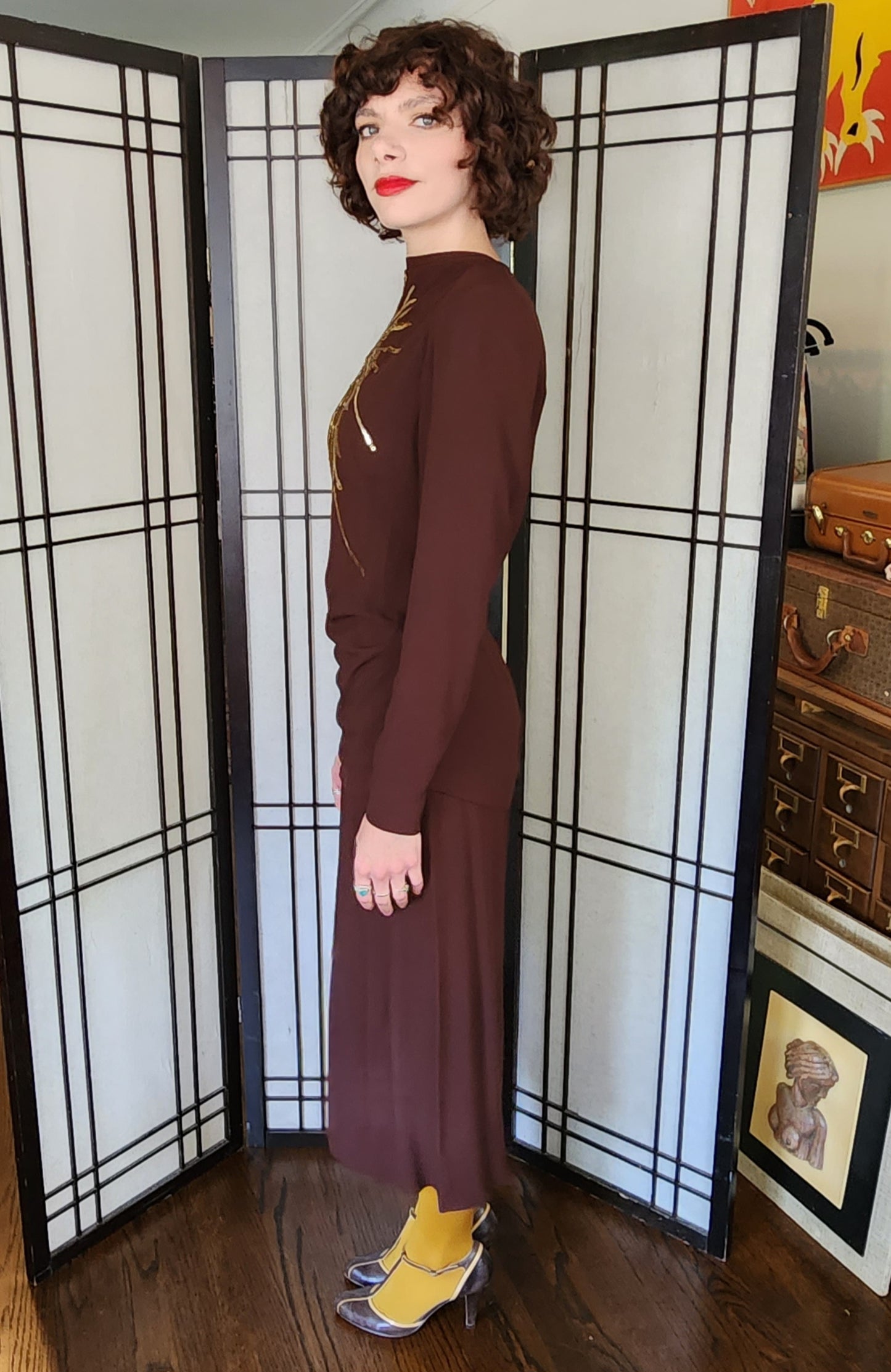 40s Skirt Suit Brown Rayon Gold Sequined Top Sunburst Star Fred A Block