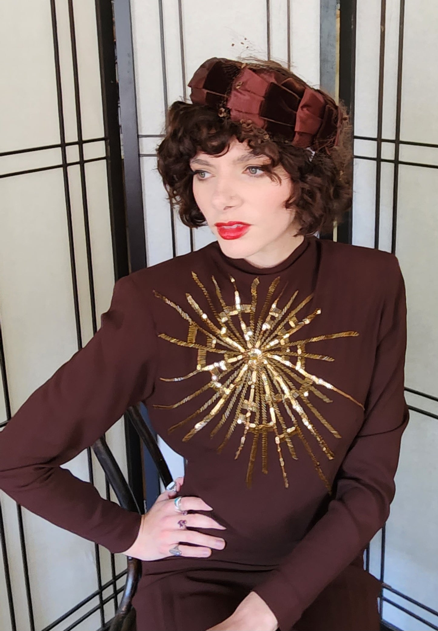 40s Skirt Suit Brown Rayon Gold Sequined Top Sunburst Star Fred A Block