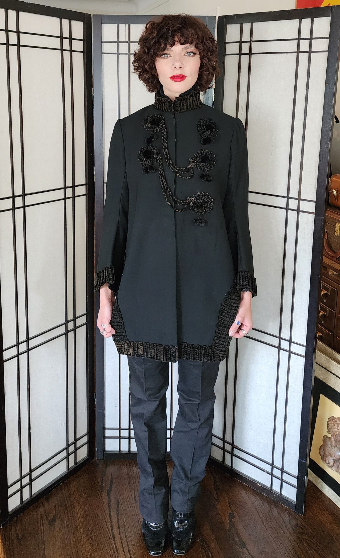 Edwardian Black Ladies Jacket Velvet Embroidery Fringe Pompoms