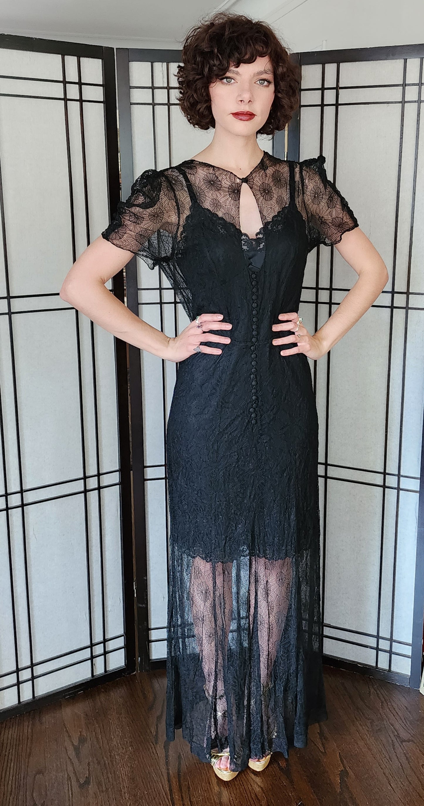 30s Sheer Black Lace Evening Dress Short Puffed Sleeves