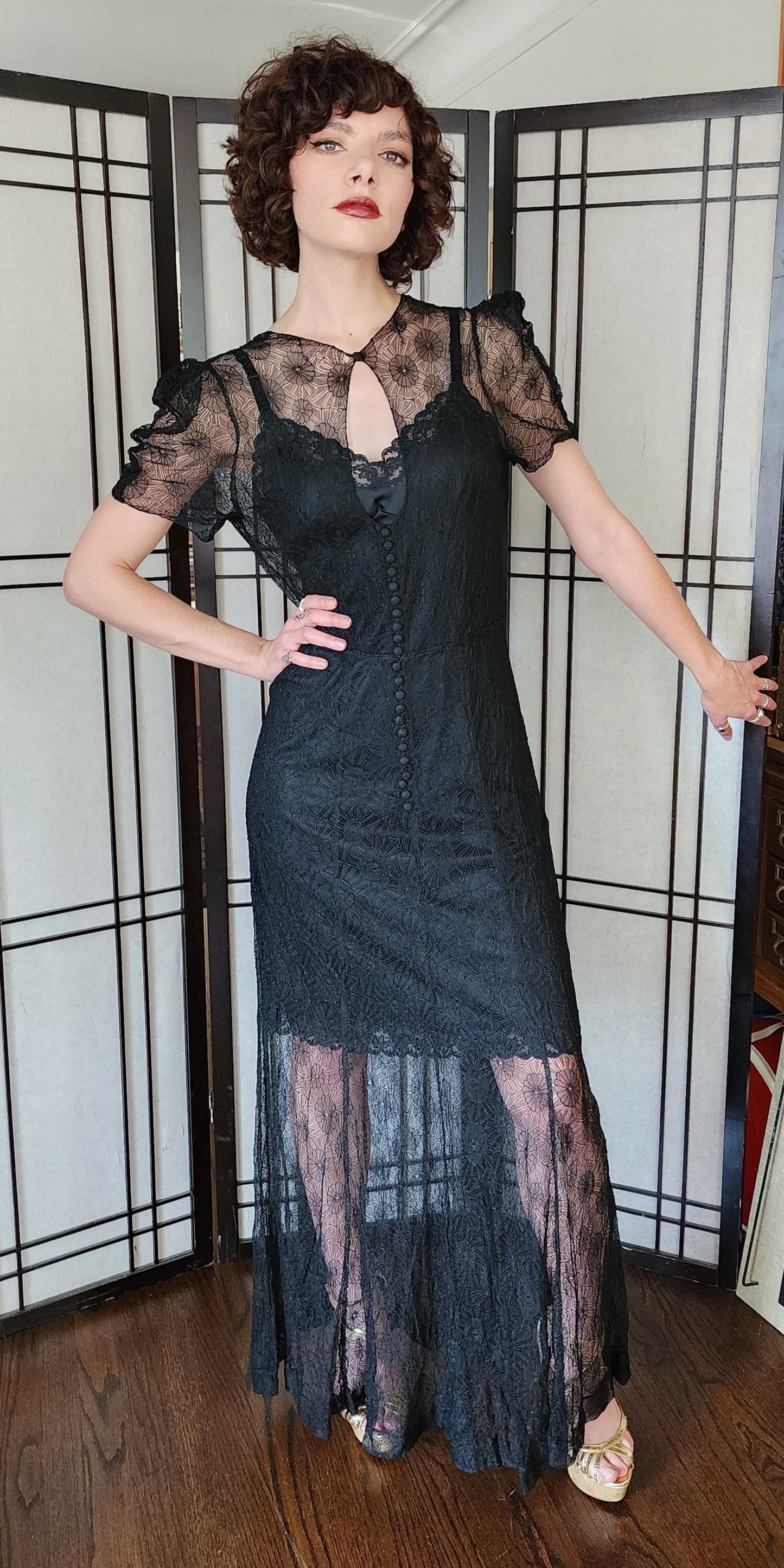 30s Sheer Black Lace Evening Dress Short Puffed Sleeves