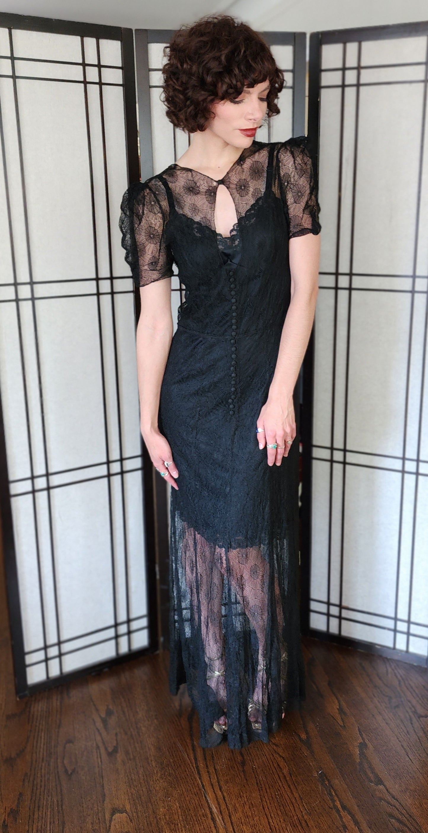 30s Sheer Black Lace Evening Dress Short Puffed Sleeves