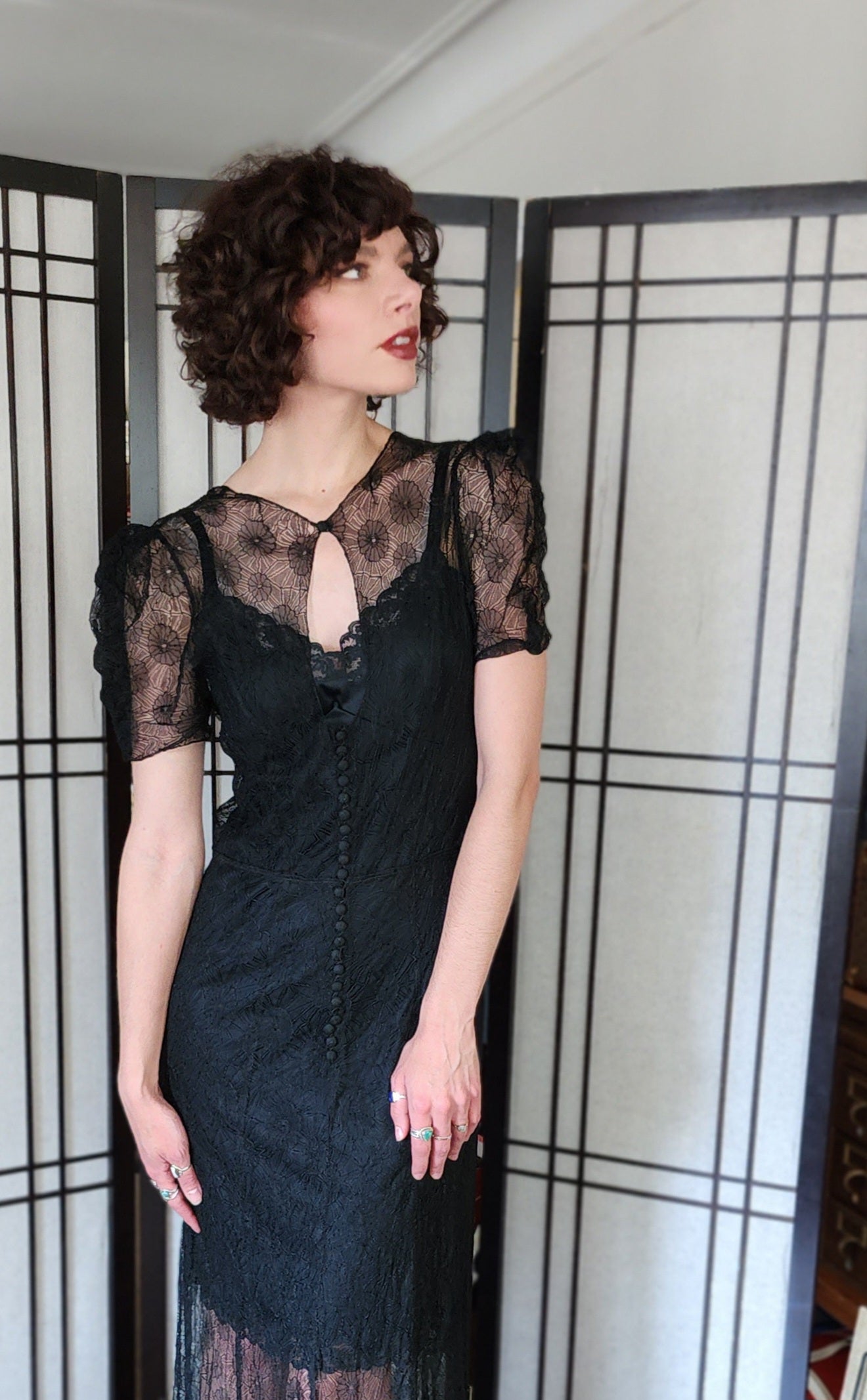 30s Sheer Black Lace Evening Dress Short Puffed Sleeves