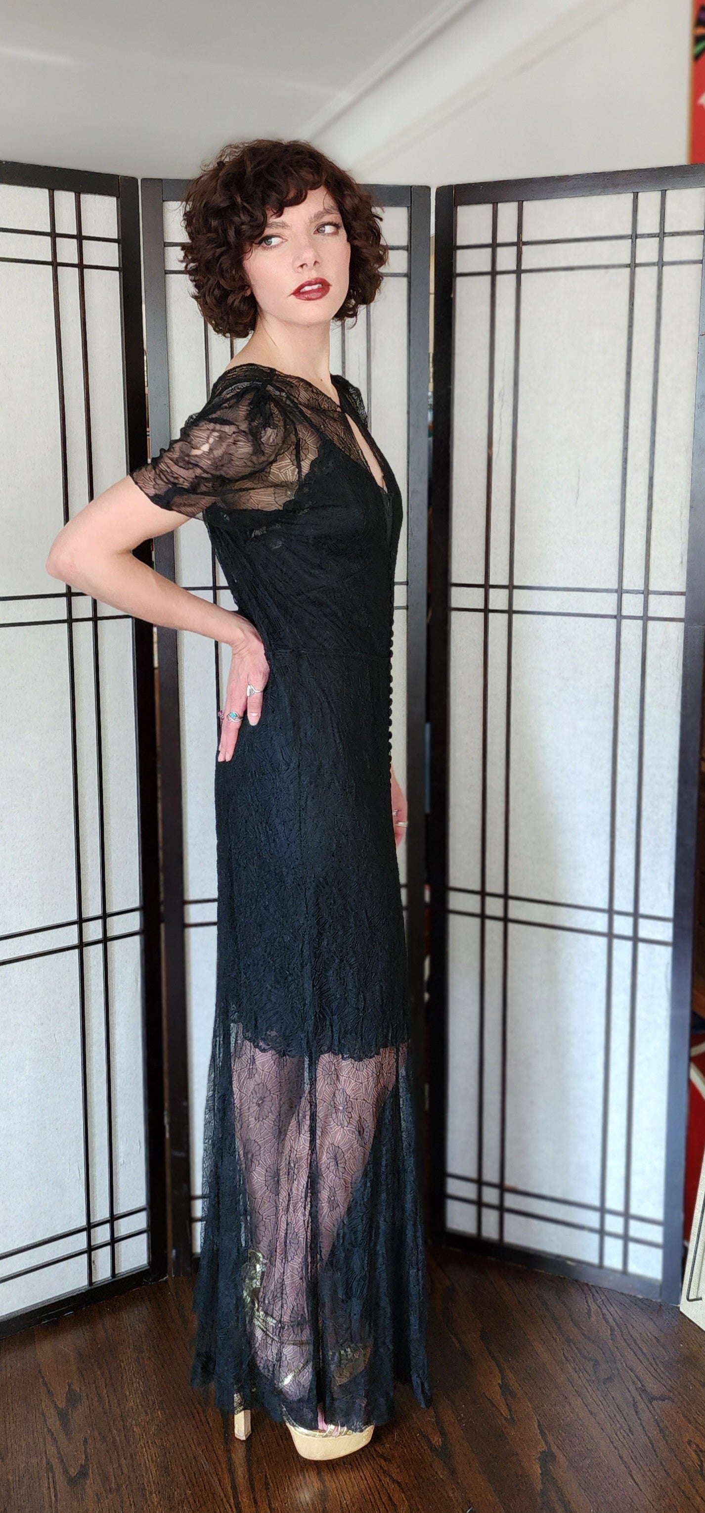 30s Sheer Black Lace Evening Dress Short Puffed Sleeves