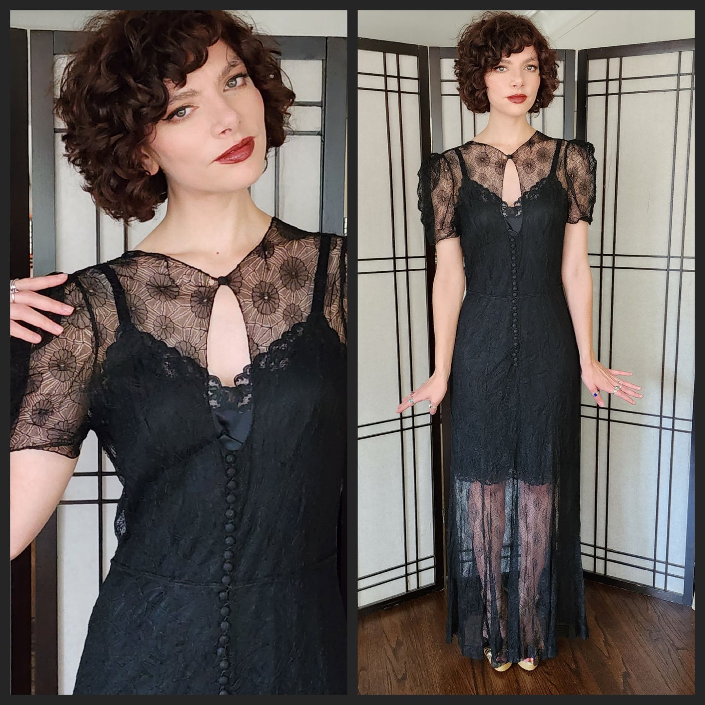 30s Sheer Black Lace Evening Dress Short Puffed Sleeves