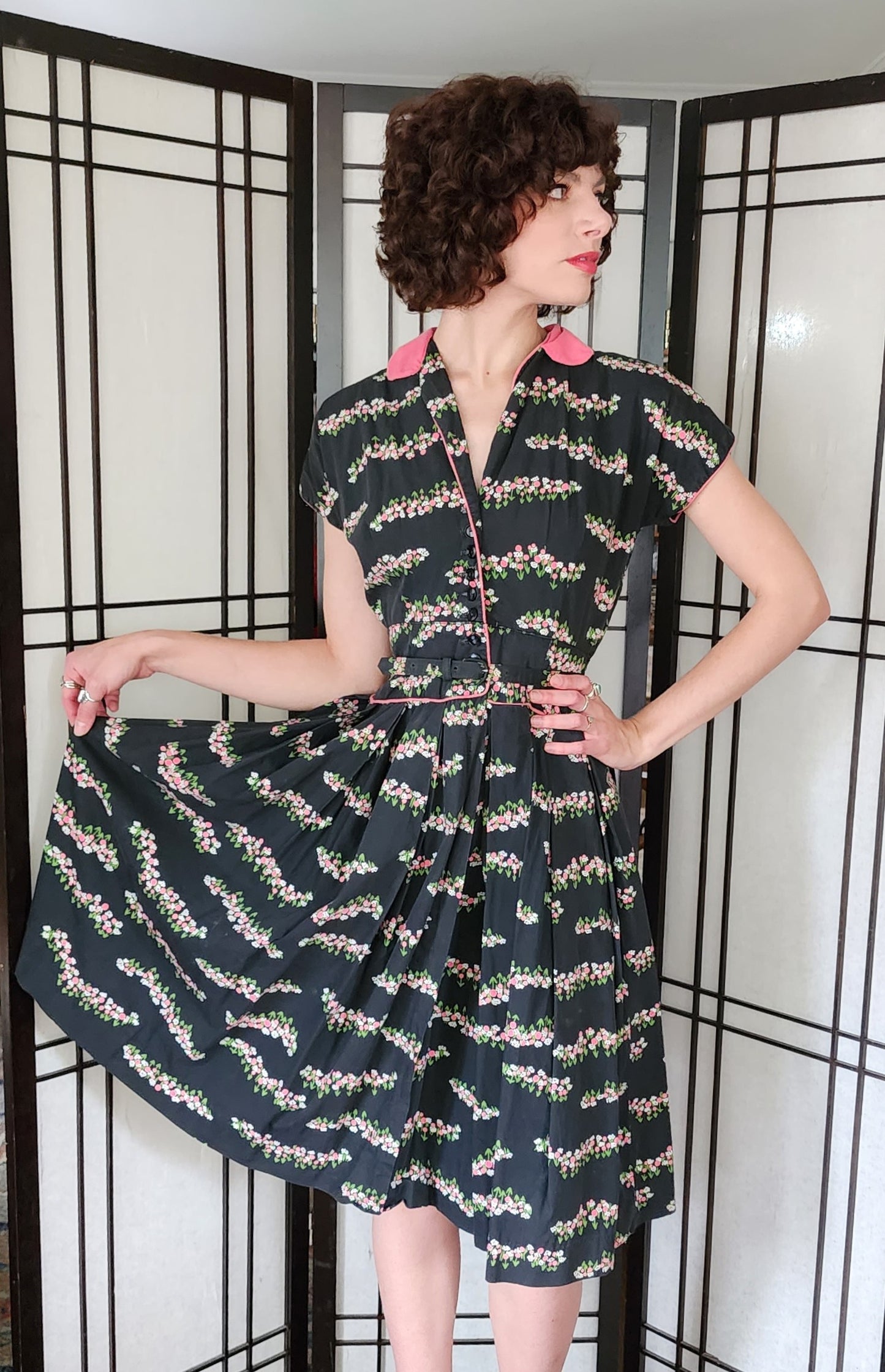 50s Cotton Shirtwaist Dress Black Pink Floral Print