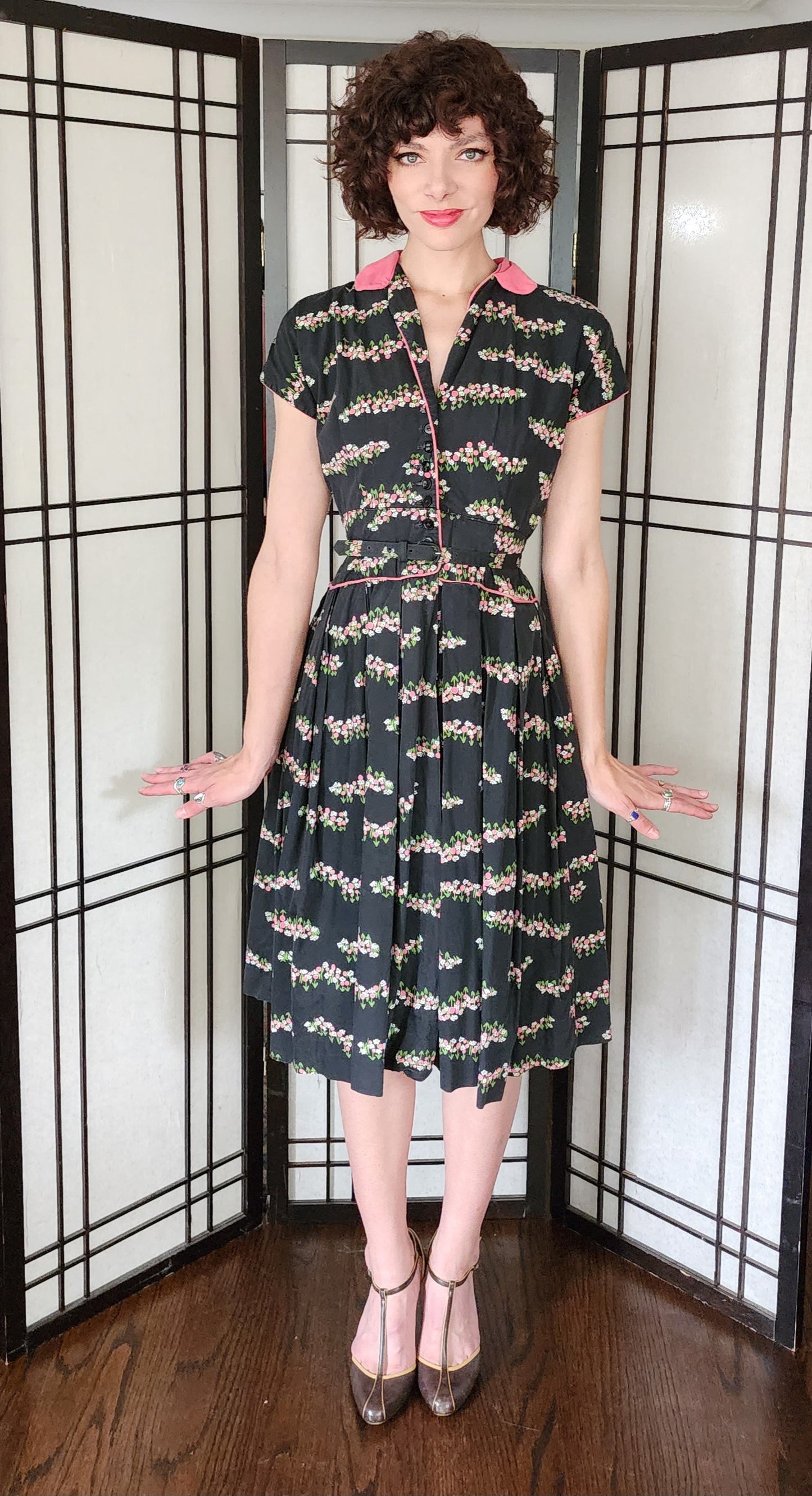 50s Cotton Shirtwaist Dress Black Pink Floral Print