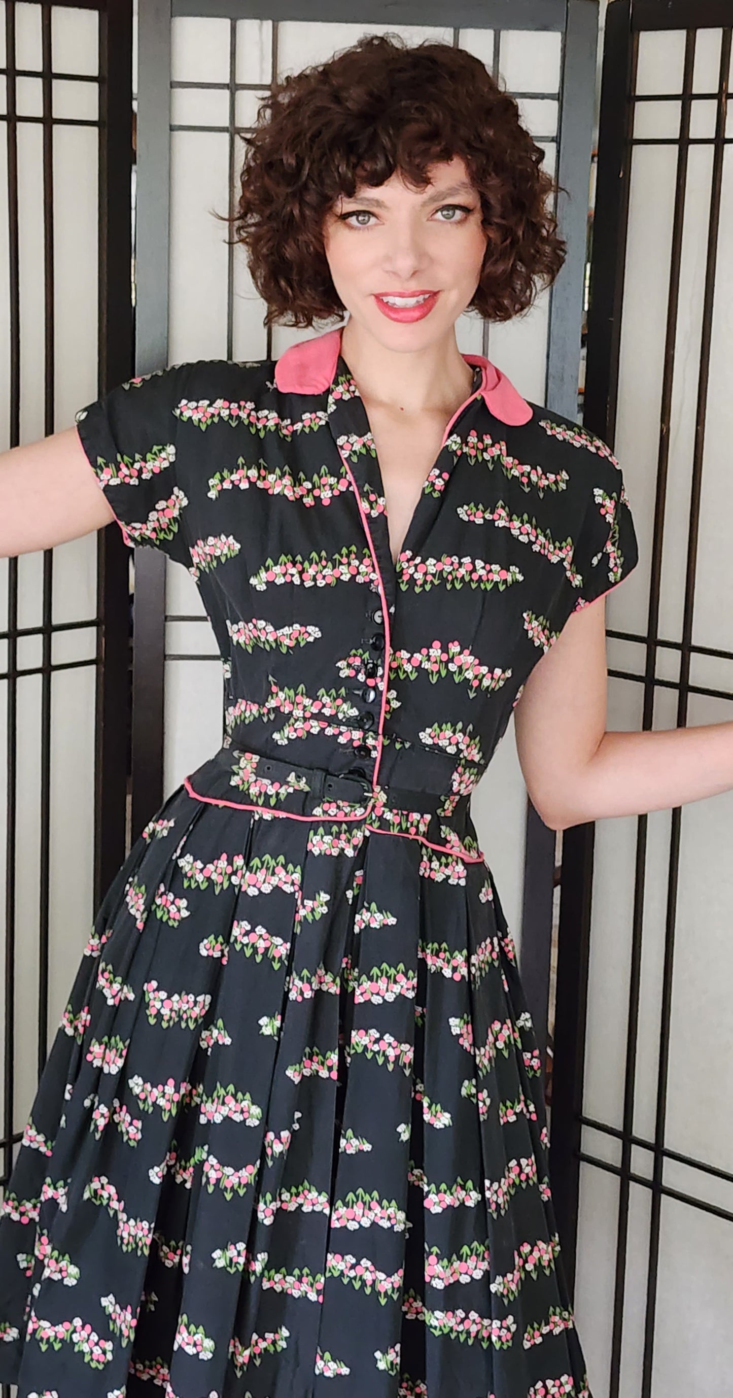 50s Cotton Shirtwaist Dress Black Pink Floral Print