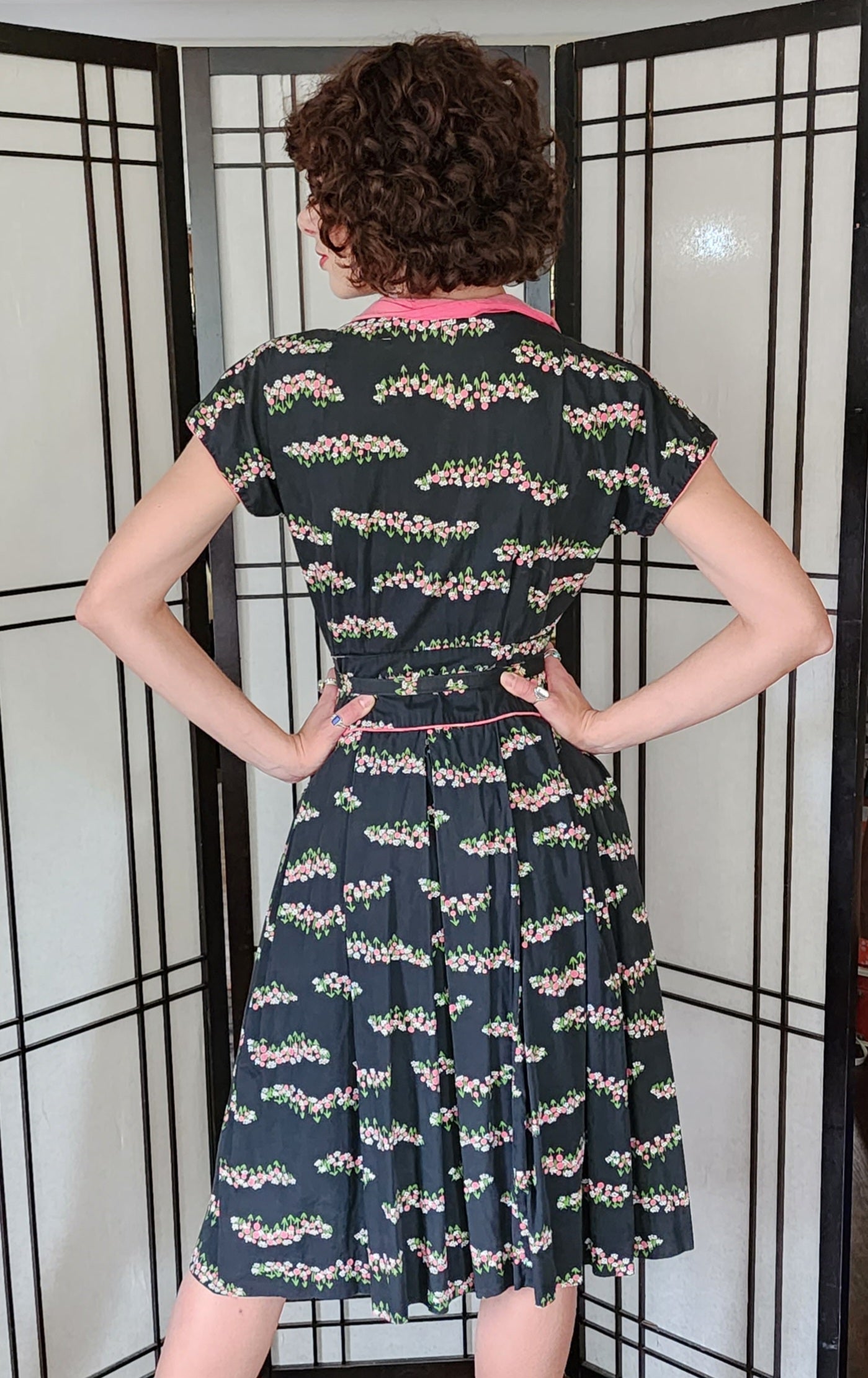 50s Cotton Shirtwaist Dress Black Pink Floral Print