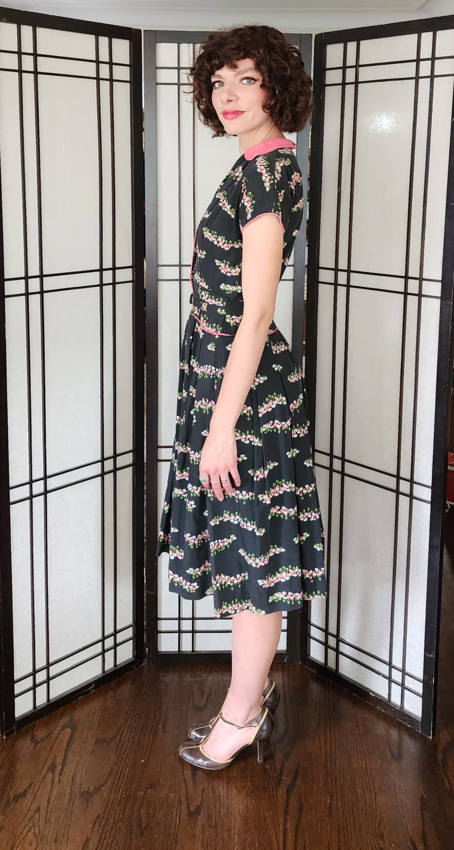 50s Cotton Shirtwaist Dress Black Pink Floral Print