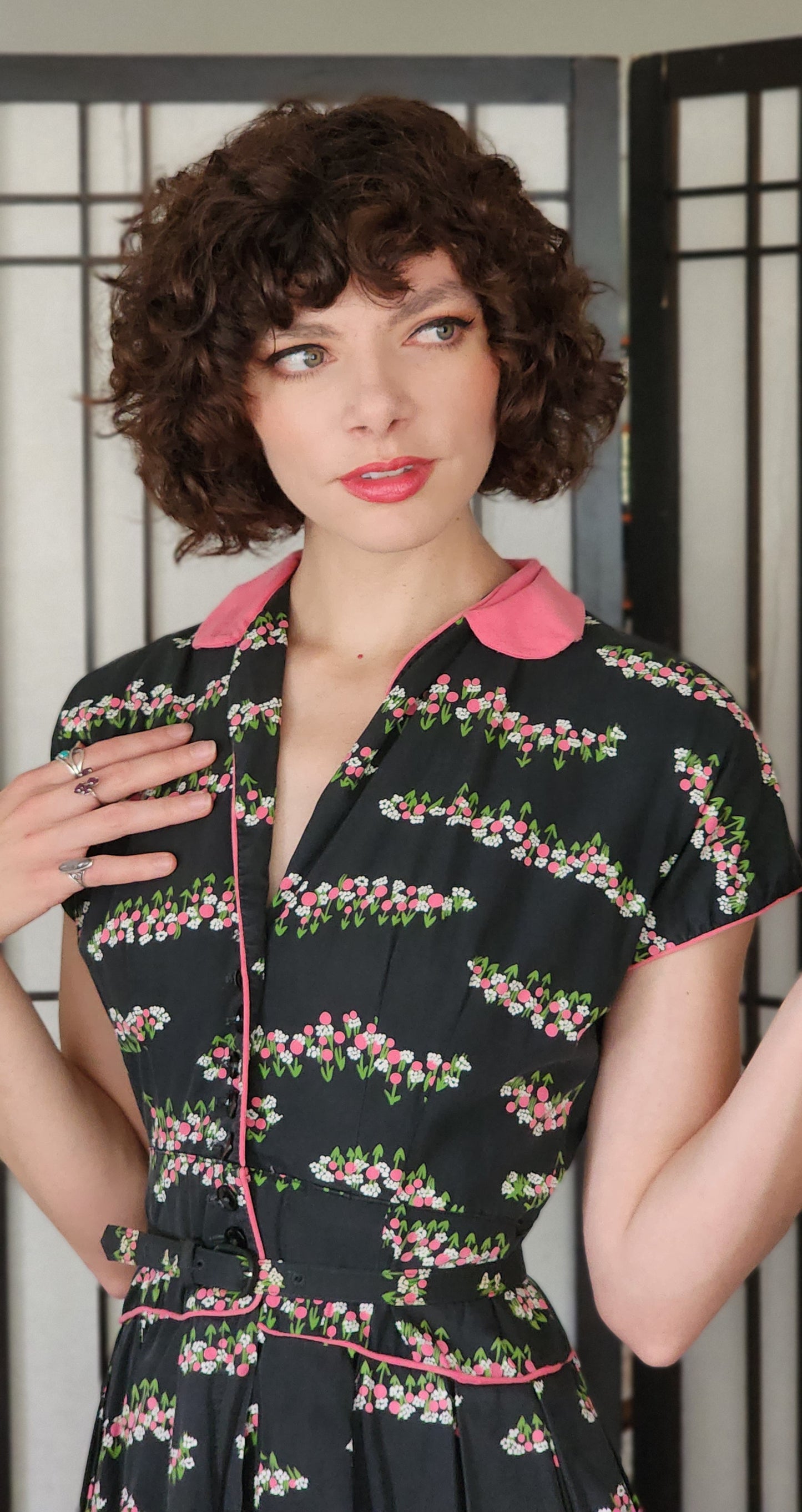 50s Cotton Shirtwaist Dress Black Pink Floral Print